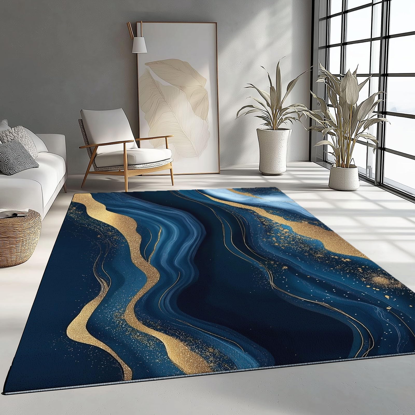Nowoczesny niebieski dywan 140 x 200 cm stylowy marmurowy wzór falowany antypoślizgowy i można prać w pralce dywan z krótkim włosiem do salonu, sypialni i jadalni