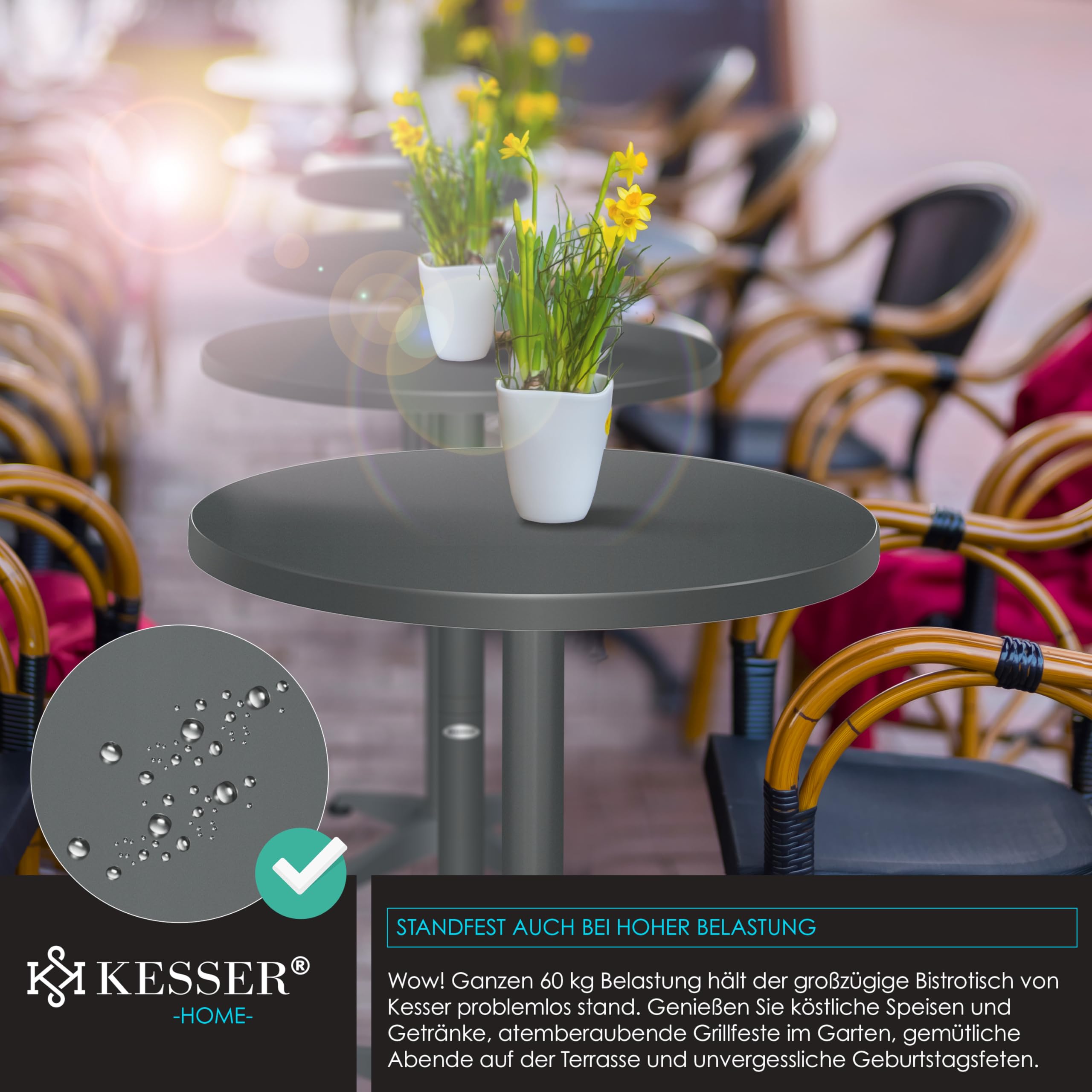 KESSER Table de bistrot pliable 2 en 1 - Plateau aluminium acier inoxydable - Hauteur réglable 70/115 cm - Ø 80 cm - Intérieur extérieur