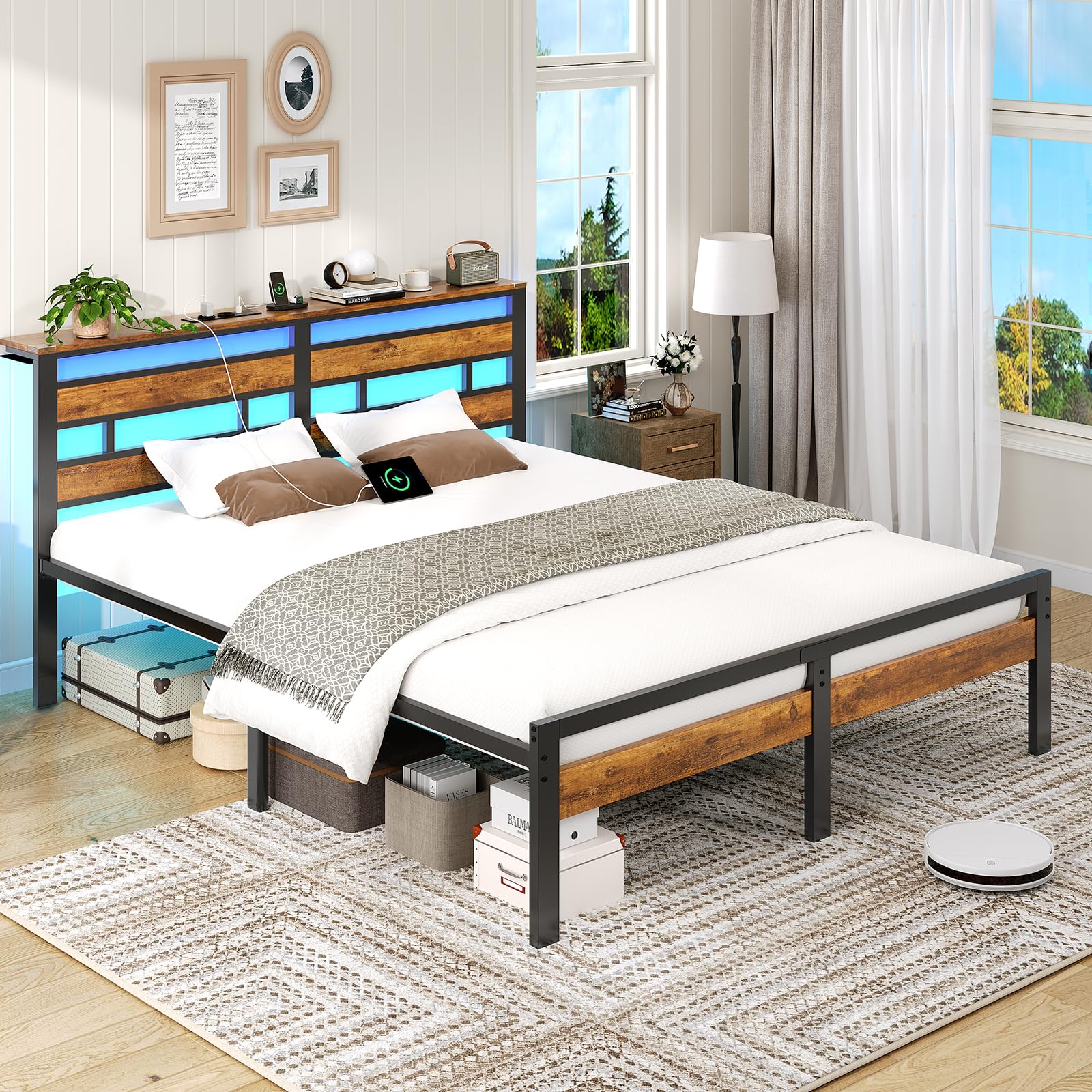 Brinlawb Letto 180x200 con base a doghe in metallo, struttura letto matrimoniale 180x200cm con illuminazione a LED e stazione di ricarica (2 prese CA, 1 porta USB e 1 porta Type-C)