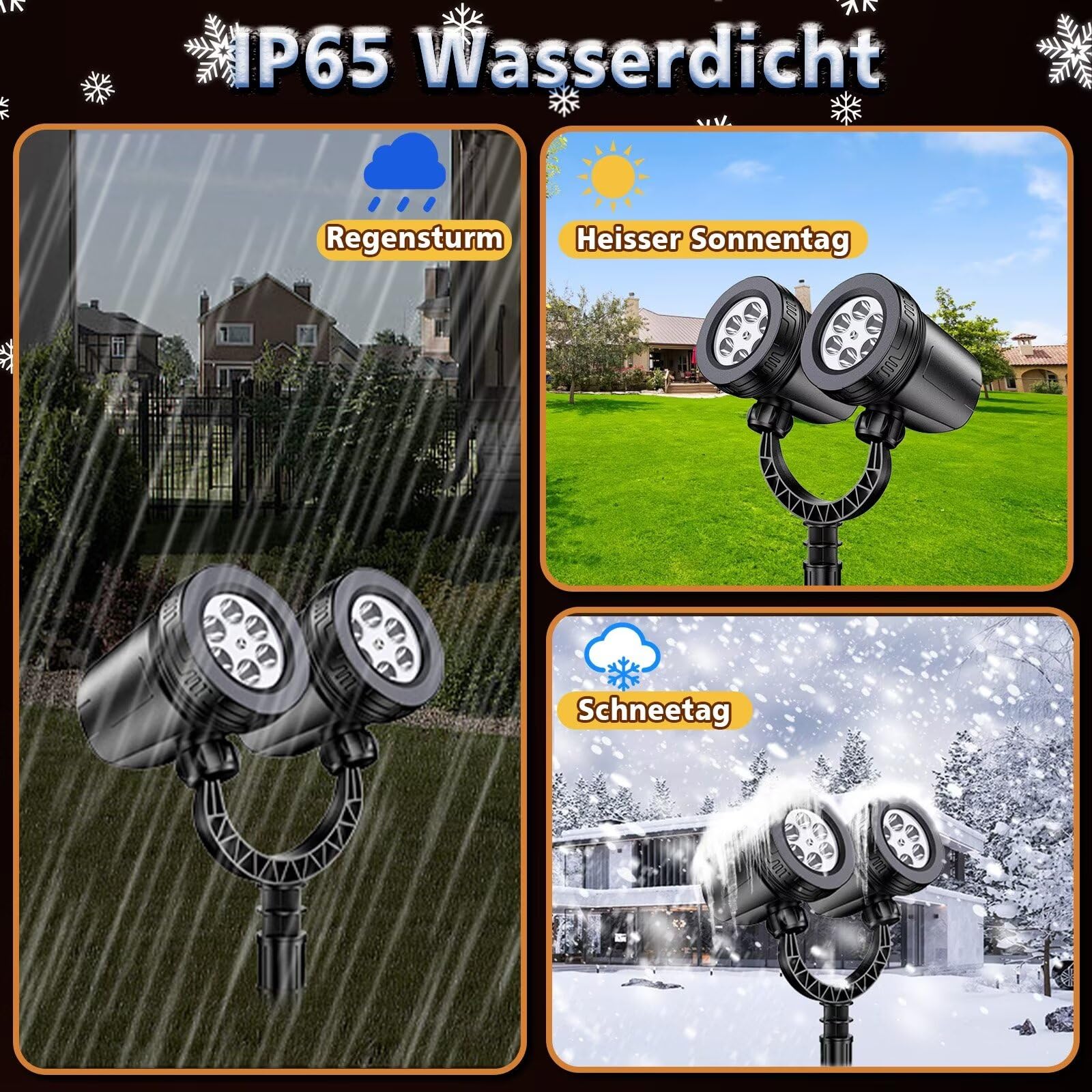 Projektor Weihnachten Aussen, LED Projektor Doppelter Kopf Dynamische Schneeflocken, Weihnachtsdeko Aussen, IP65 Wasserdicht Weihnachtsbeleuchtung, außen für Garten Party