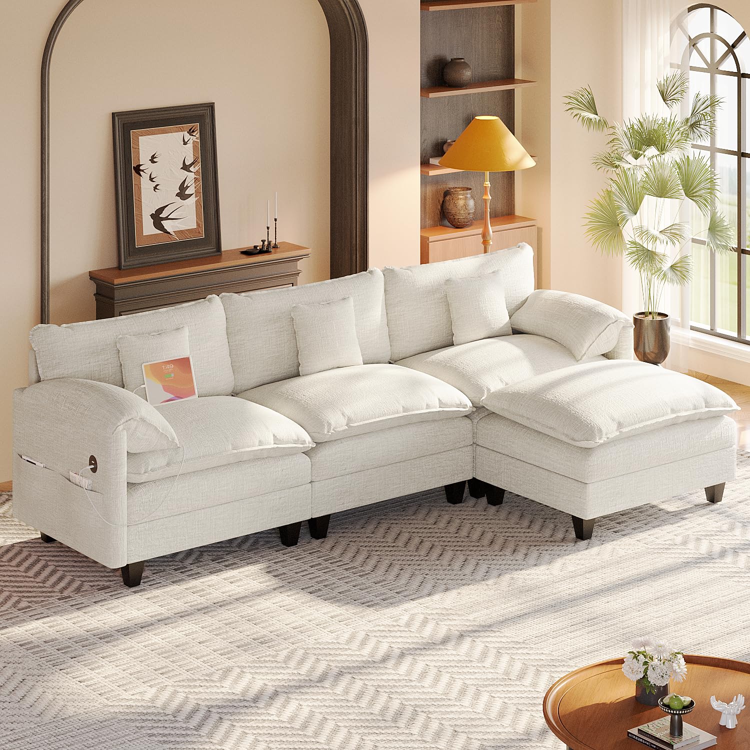Photo 1 of ***PARTIAL SET***
KCGKCG Modular Sectional Sofa, 108” Comfy Cloud Couch with Movable Ottoman | Charging Station | Side Pocket | Throw Pillow, Modern L-Shaped Couches for Living Room, Chenille, White
