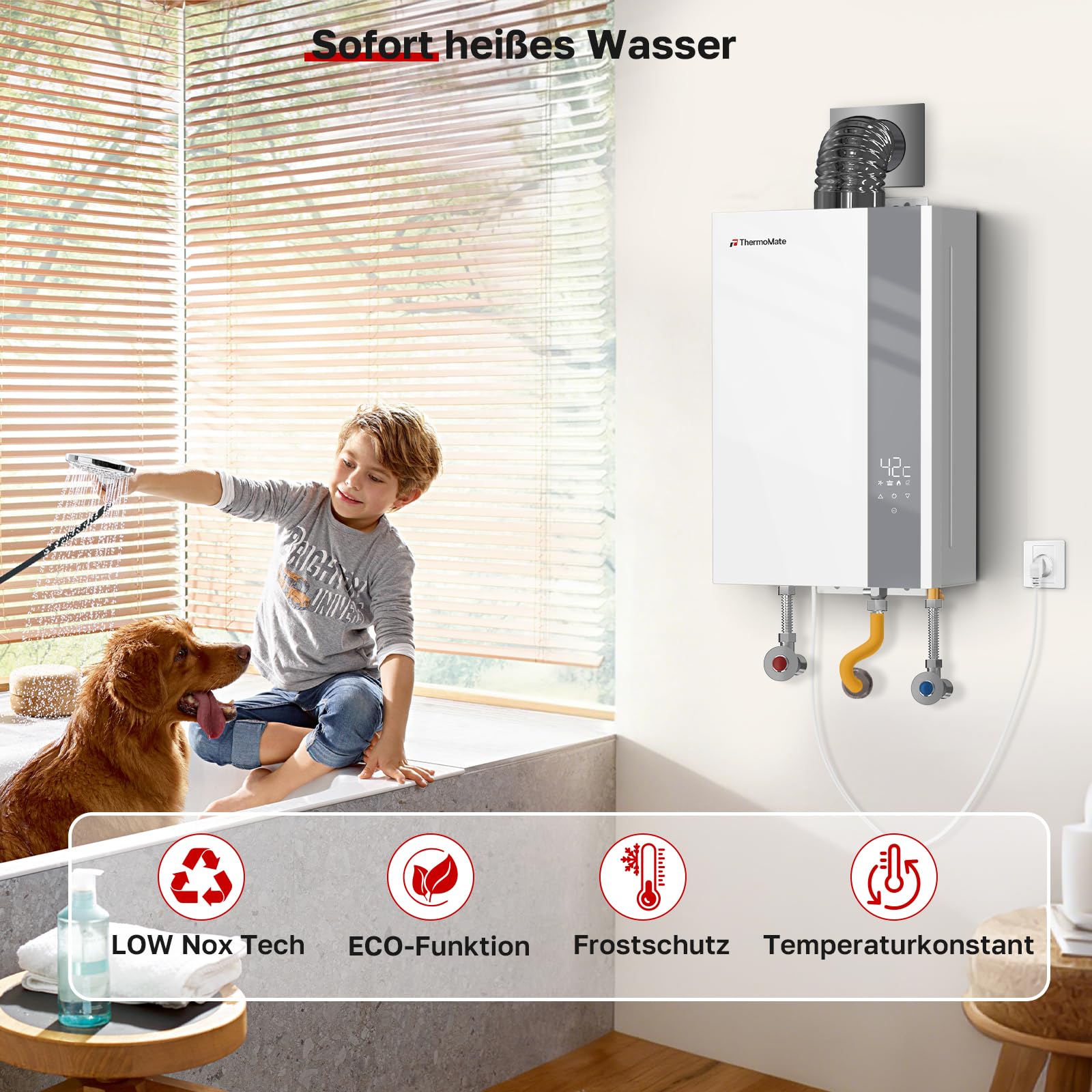 ThermoMate ECO Gasdurchlauferhitzer innenbereich 16 Liter, ErP/niedrige NOx Erdgas raumluftunabhängige Durchlauferhitzer(20mbar), Gas-Warmwasserbereiter fur Küchen und Bad