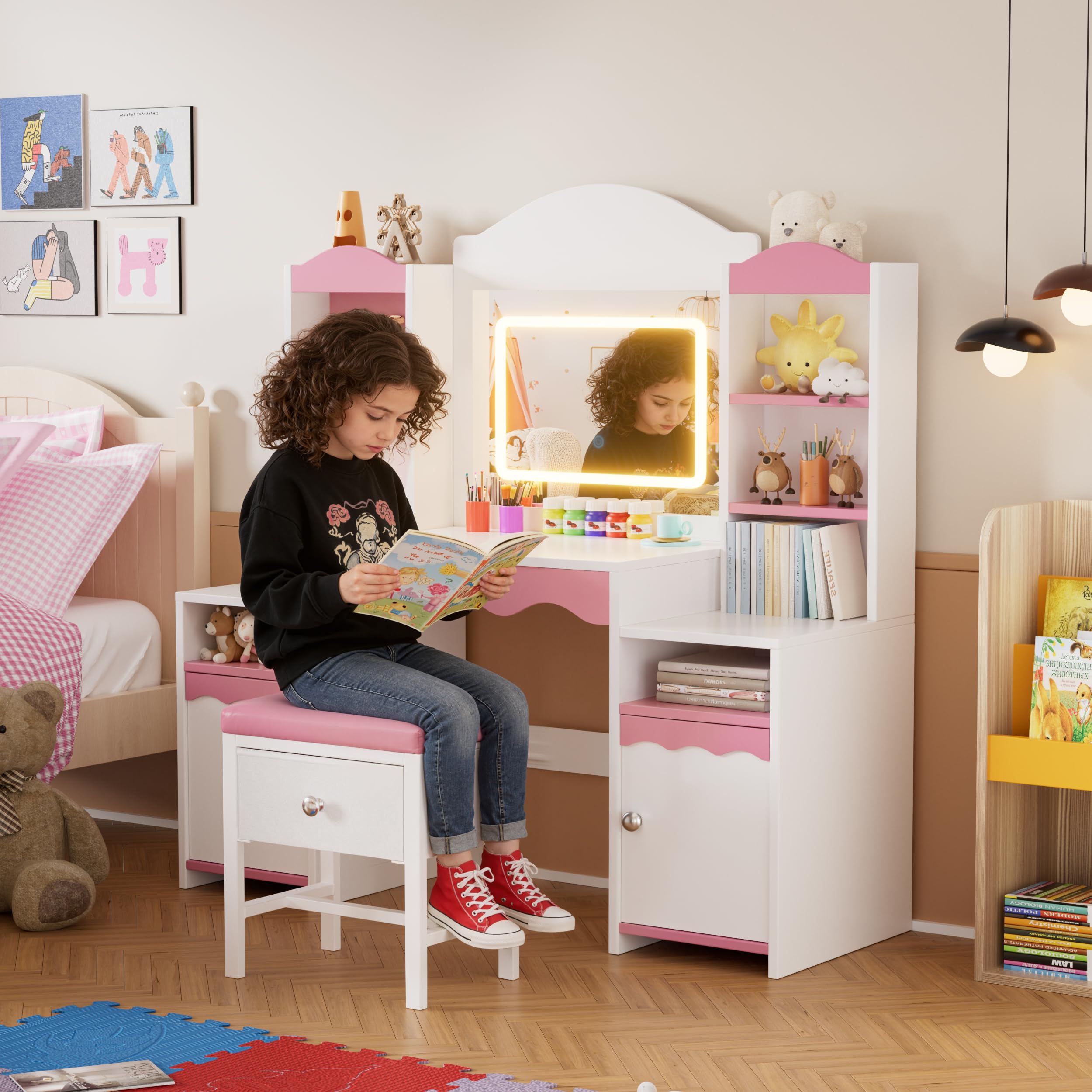 MSFE 2 en 1 Coiffeuse Enfants avec LED Miroir & Chaise, Coiffeuses en Bois avec Support pour Bijoux, Grand Rangement, Ensemble de Bureau Enfant, Table de Maquillage pour Chambre à Coucher