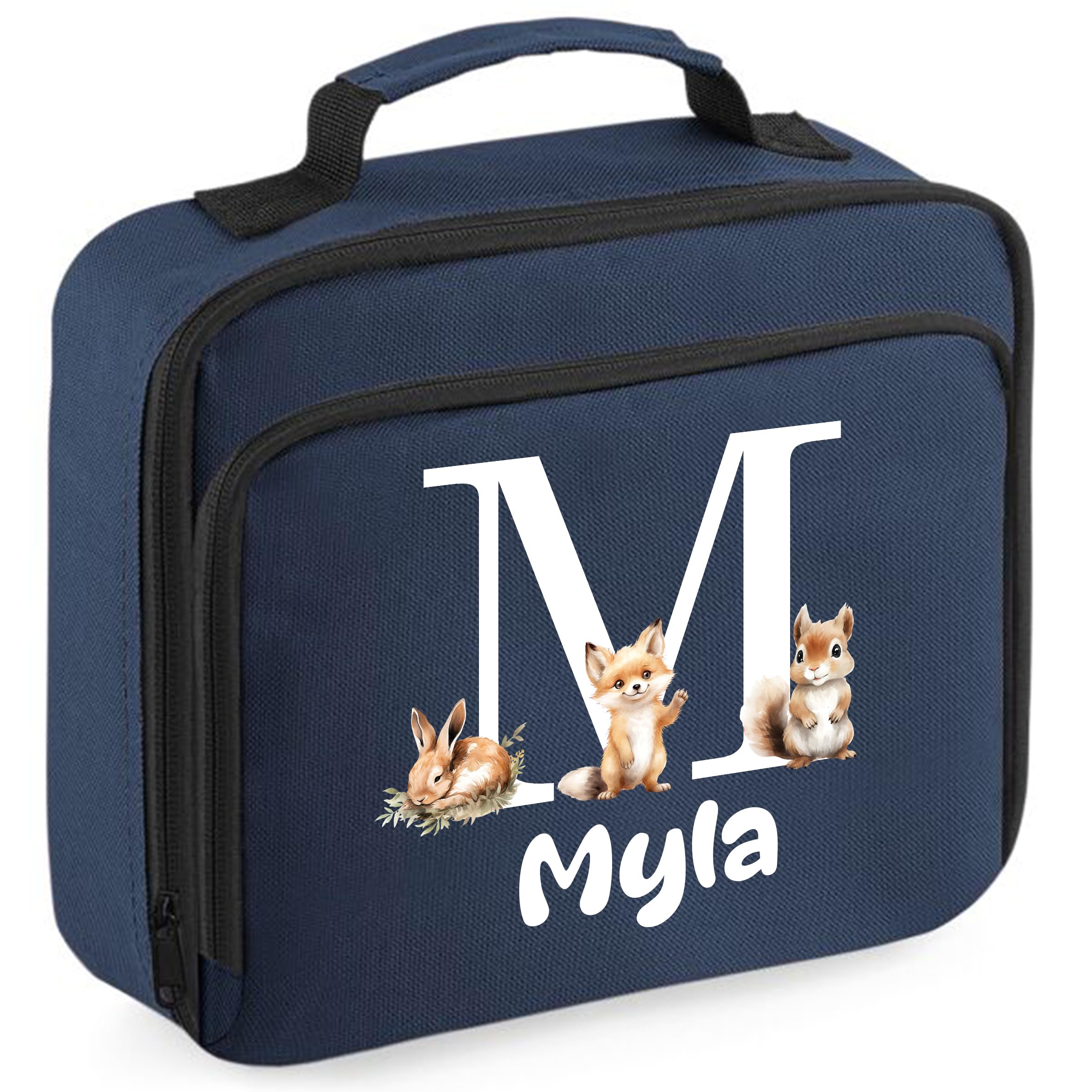 Personalised Lunch Box Bag with Initial and Name for Girls 5 Different Design Styles (Navy Lunch Bag)