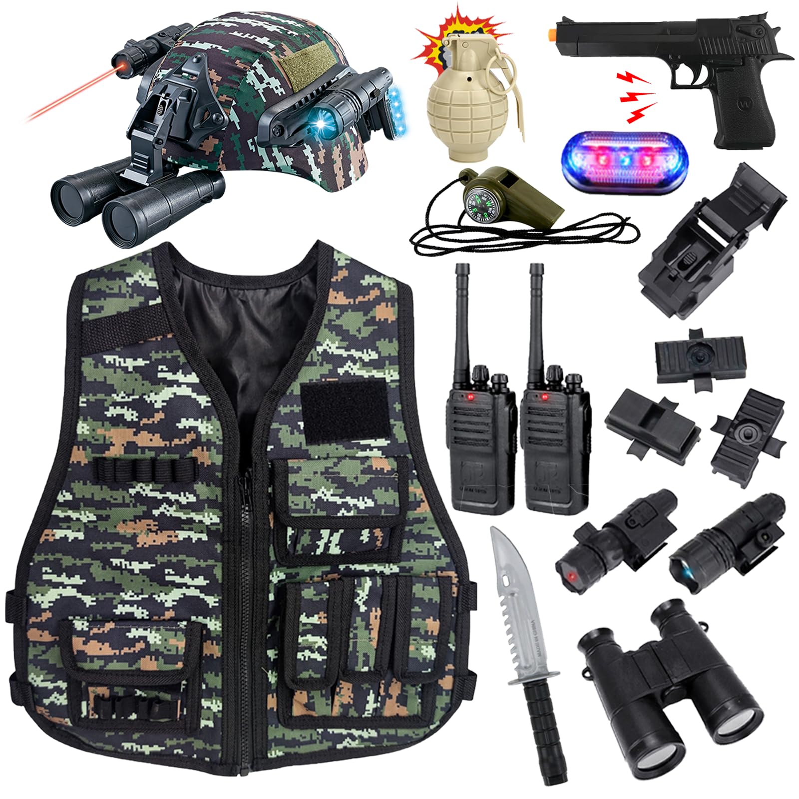 RedCrab Costume di Soldato per Bambini, Costume Militare Bambino Include Elmetto Militare, Gilet Militare, Walkie-Talkie e Altri Accessori, Soldato Gioco di Ruolo Halloween Carnevale Costume