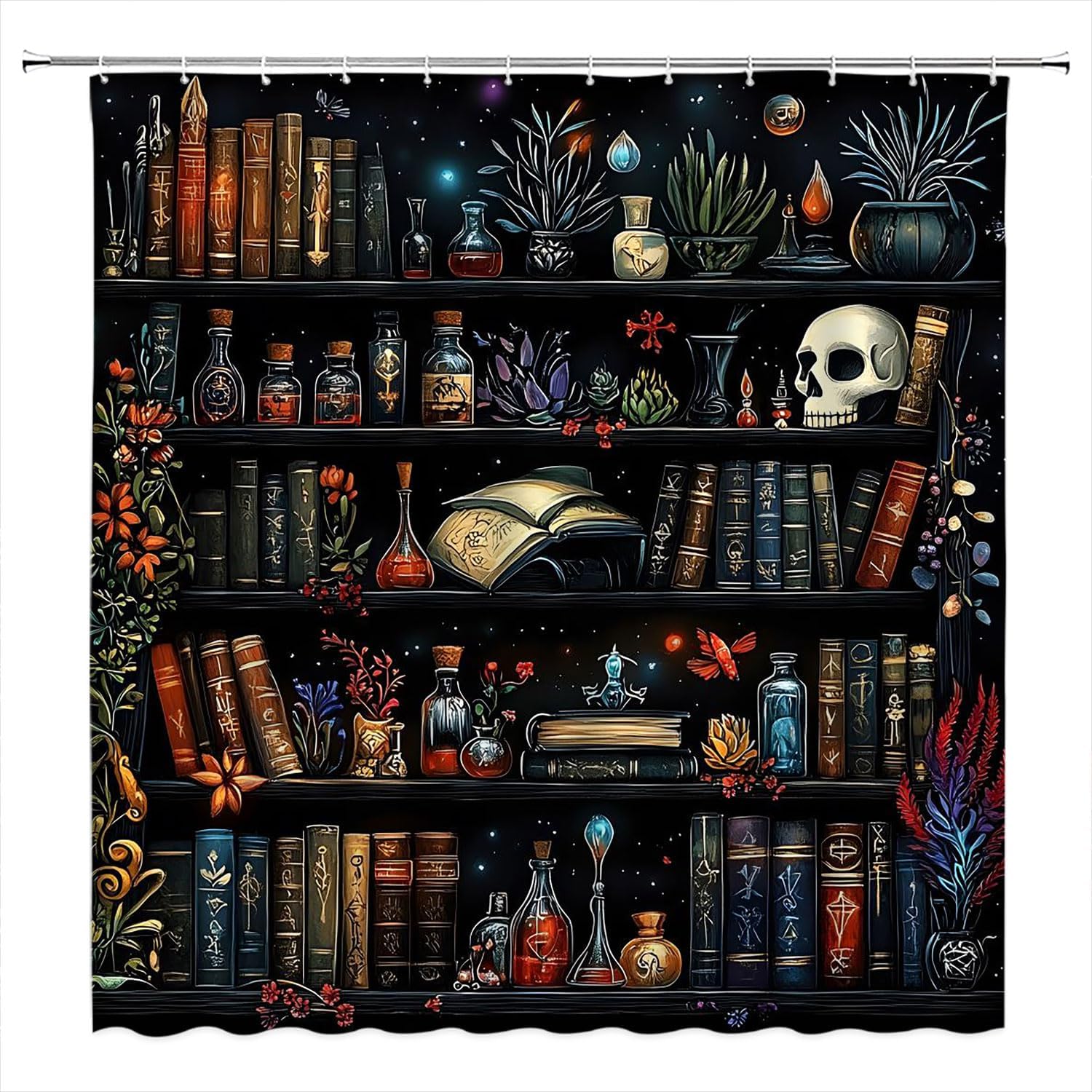 Gothic Bookshelf Shower Curtain Vintage Medieval Bookcase Skull Floral Plant Spooky Dark Academia Polyester Curtains Bathroom Decor with Hooks 108" Wx70 H