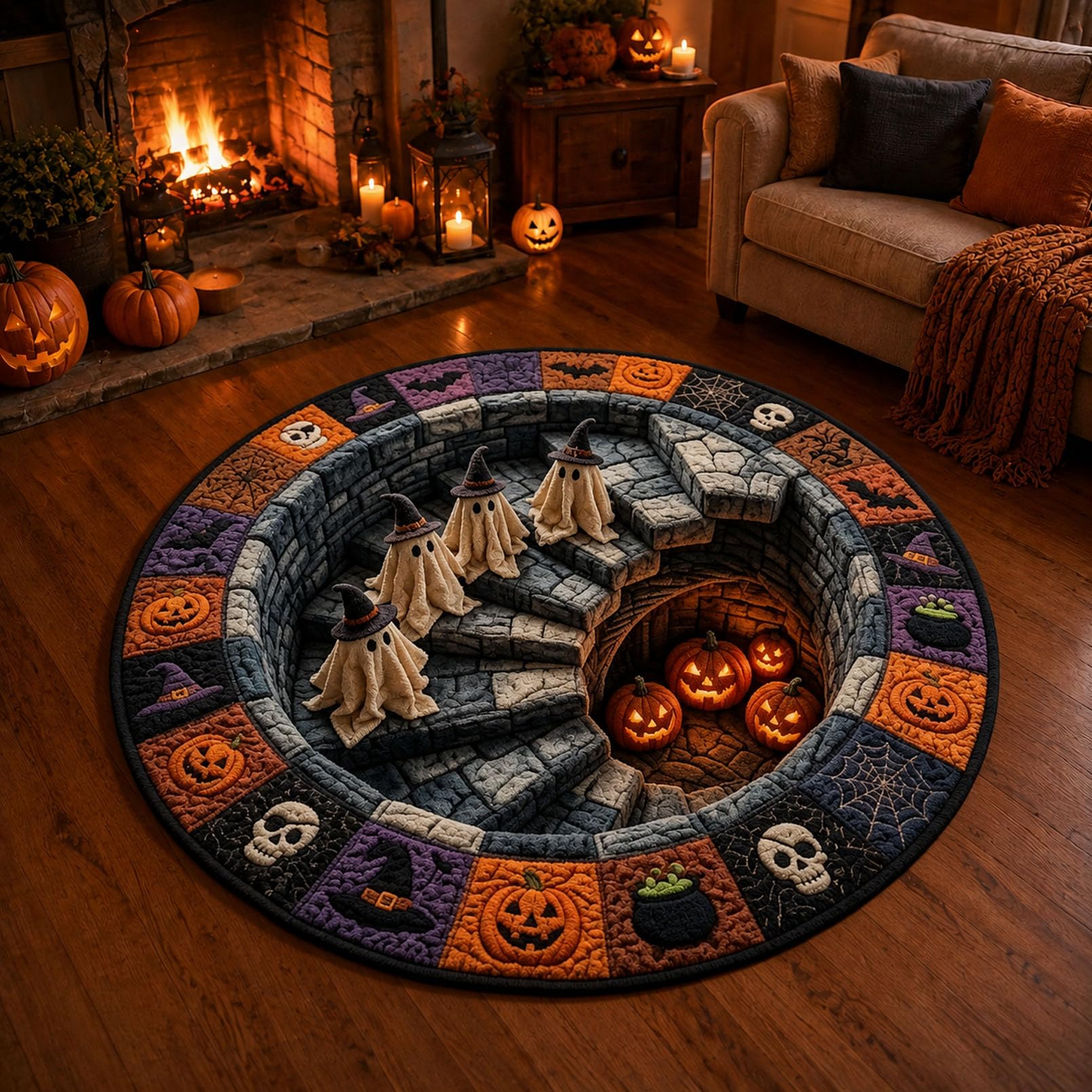 pluffy 3D Optical Illusion Haunted Staircase Round Rug, 3d Halloween Optical Illusion Rug, Ghost Quilted Carpet Skeleton Pumpkin Home Decor For Living Room Door Indoor Party (C,120cm)