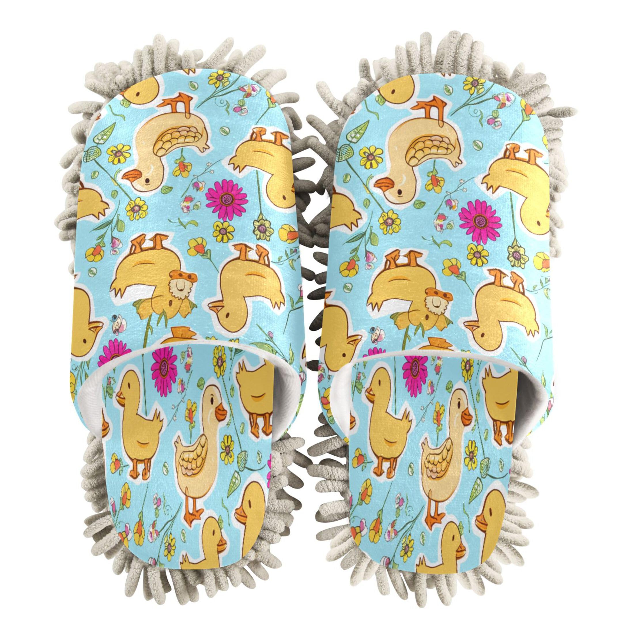 Kigai Ducks Flowers Mop Slippers for Floor Cleaning, Slippers for Women Men, Microfiber Floor Cleaning, L