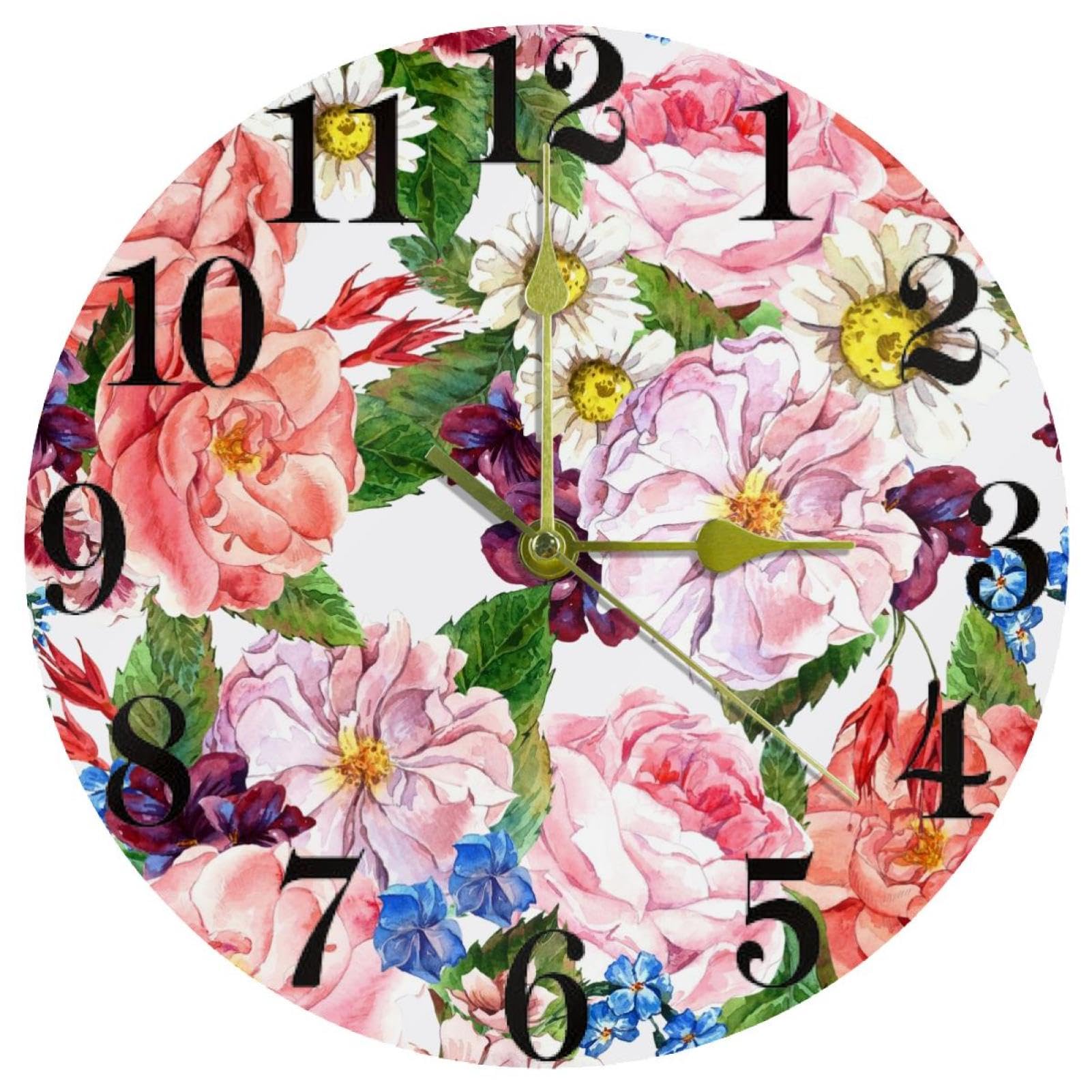 Horloge murale ronde à quartz fleurie mécanique silencieuse sans tic-tac à pile