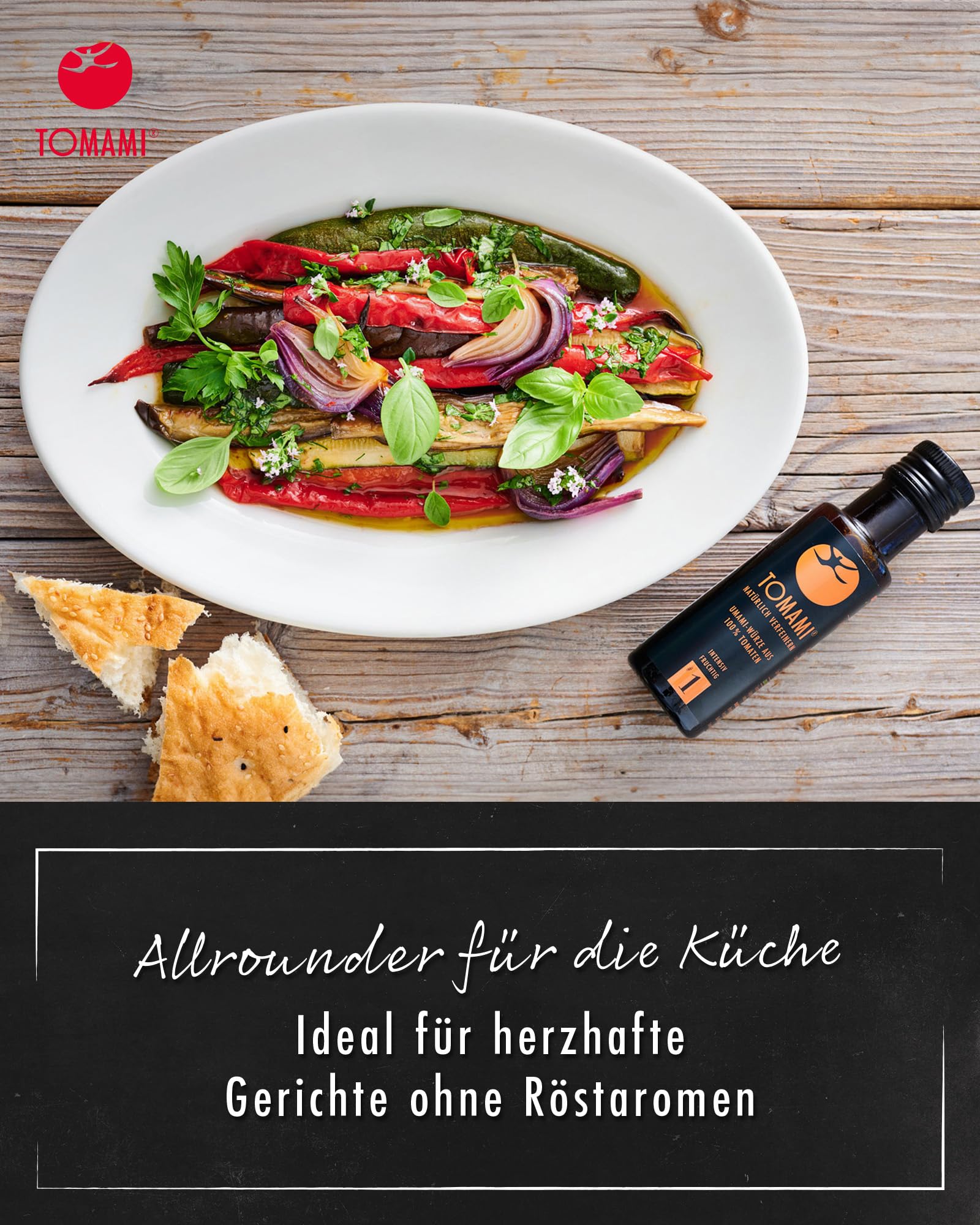 TOMAMI No.1 Umami Würzsauce 740ml -100% Tomate, Vegan, Glutenfrei, Intensiv | Laktosefrei, Sojafrei - Intensiv-fruchtiger Geschmack - Für Fleisch, Fisch & Gemüse