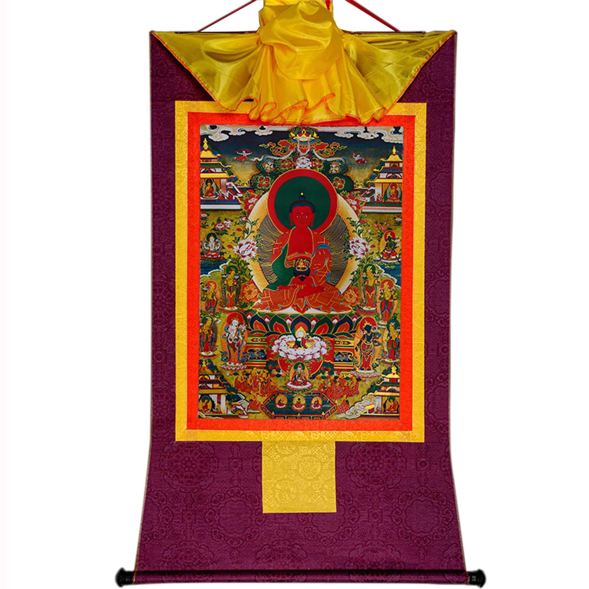 Gandhanra Thangka Tibétain - Terre Pure d'Amitabha Thangka - Peinture Tantrique Bouddha à Dorure - Tapisserie Mural pour Décoration Zen - Méditation et Relaxation Spirituelle