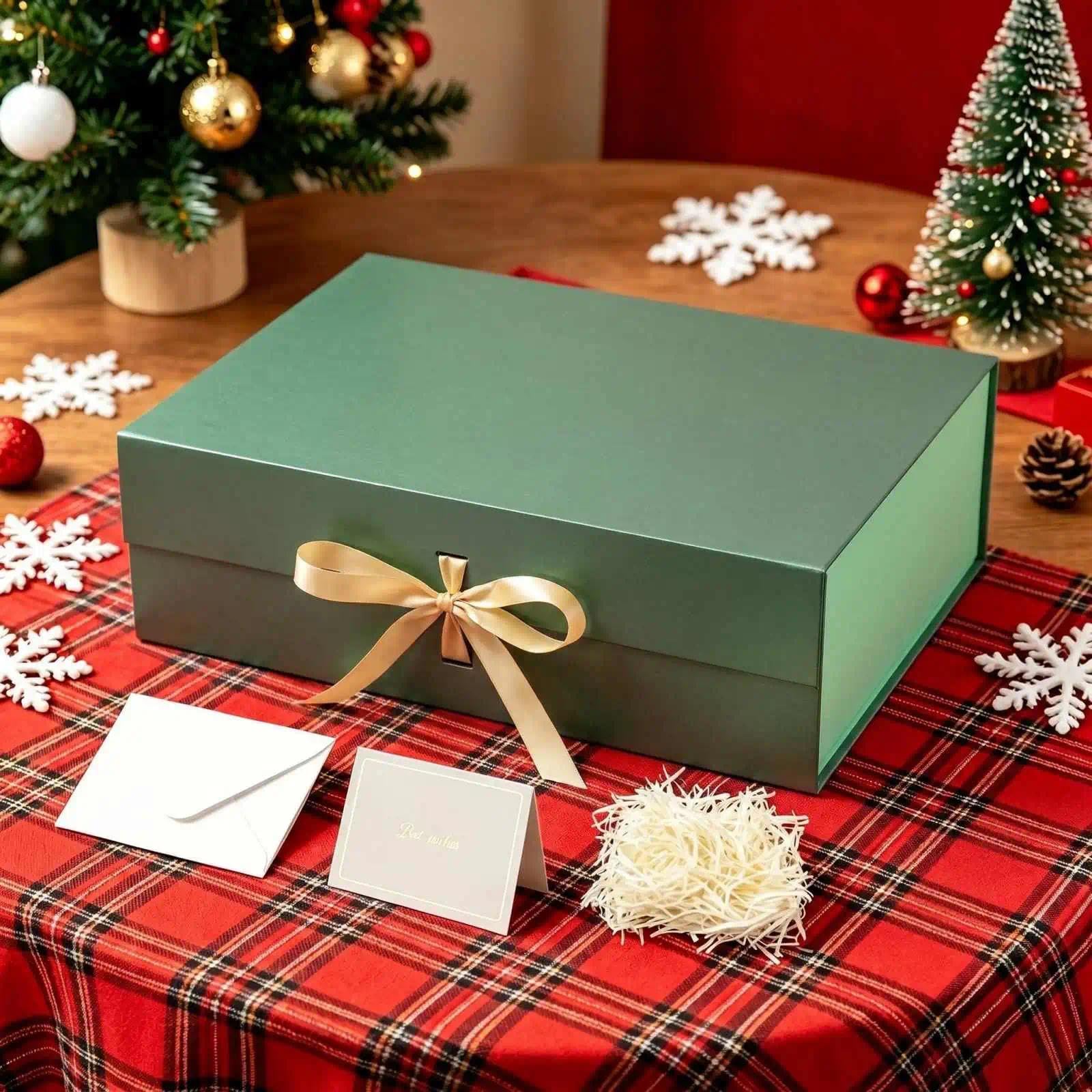 Grün Geschenkbox groß 48.5 x 40.5 x 15.3 cm Geschenkbox mit Deckel 3 Stück | Magnetische extra groß, Inkl. Schleife, Inkl. Raffia & Grußkarte, Ideal für Hochzeitskleid & Anzug