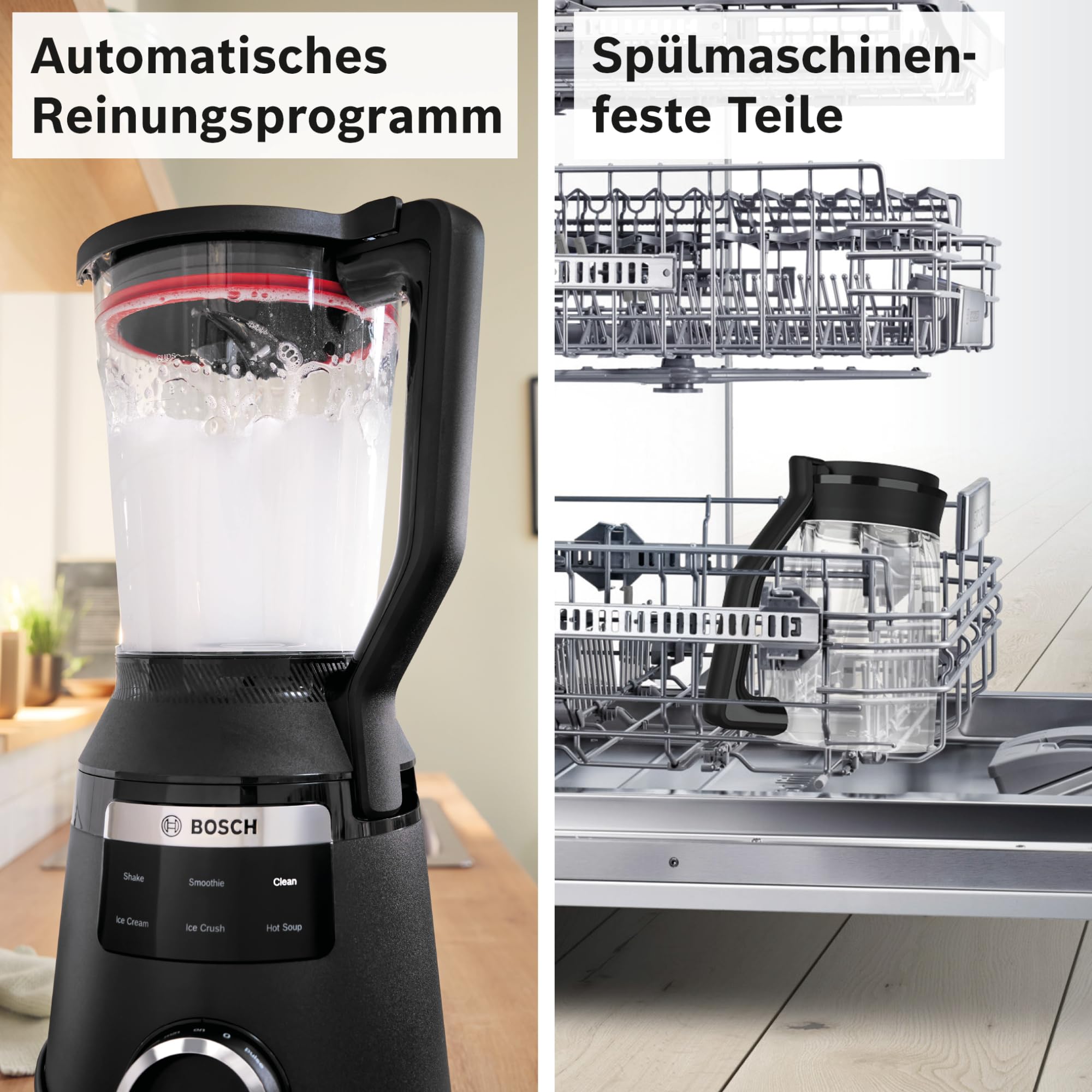 Bosch Hochleistungsmixer, Smoothie Maker, 1800W, 45.000 U-min, Programme für heiße Suppe & Reinigung, 2L, spülmaschinenfeste Teile, Made in Europe, schwarz, VitaPower Serie 6 MMB6652B
