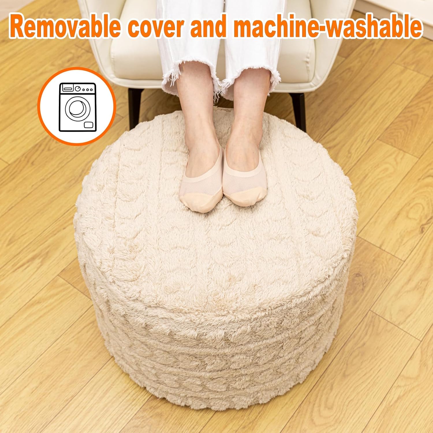 Round Pouf Ottoman Foot Rest 20x14 Inches Soft Heart Printed Footstool Ottomans for Living Room Comfort Floor Pouf Modern Foam Stuffed Poofs Perfect to Rest Your Feet for Couch Desk Light Coffee