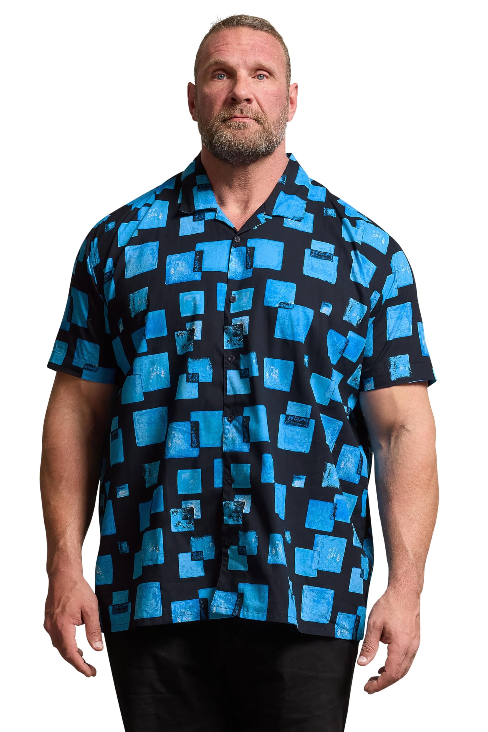 BadRhino Big & Tall Blue Square Print Peached Short Sleeve Revere Collar Shirt - Men's - Plus Size Curve