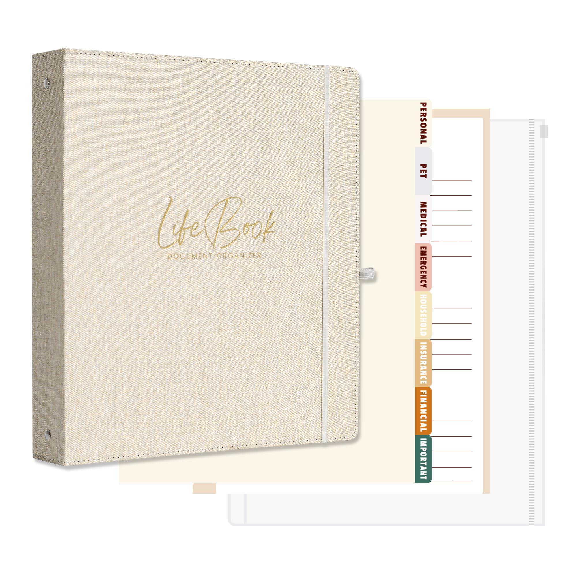 Ampleer Life Book Document Organizer, End of Life Planner 3 Ring Binder for 8.5x11" Important Papers, Aesthetic Linen In Case If I Die File Folder (