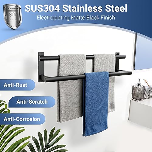Miniatura 2 de SAYAYO Toallero doble para baño, 24 pulgadas, color negro mate, toallero montado en la pared, acero inoxidable SUS304