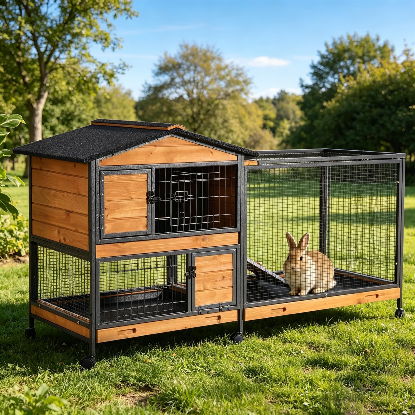Rabbit Hutch Bunny Cage Strong Iron Frame Rabbit Cage Indoor and Outdoor Chicken Coop with Casters Waterproof Roof, Great for Rabbit,Bunny,Guinea Pig,Chickens.
