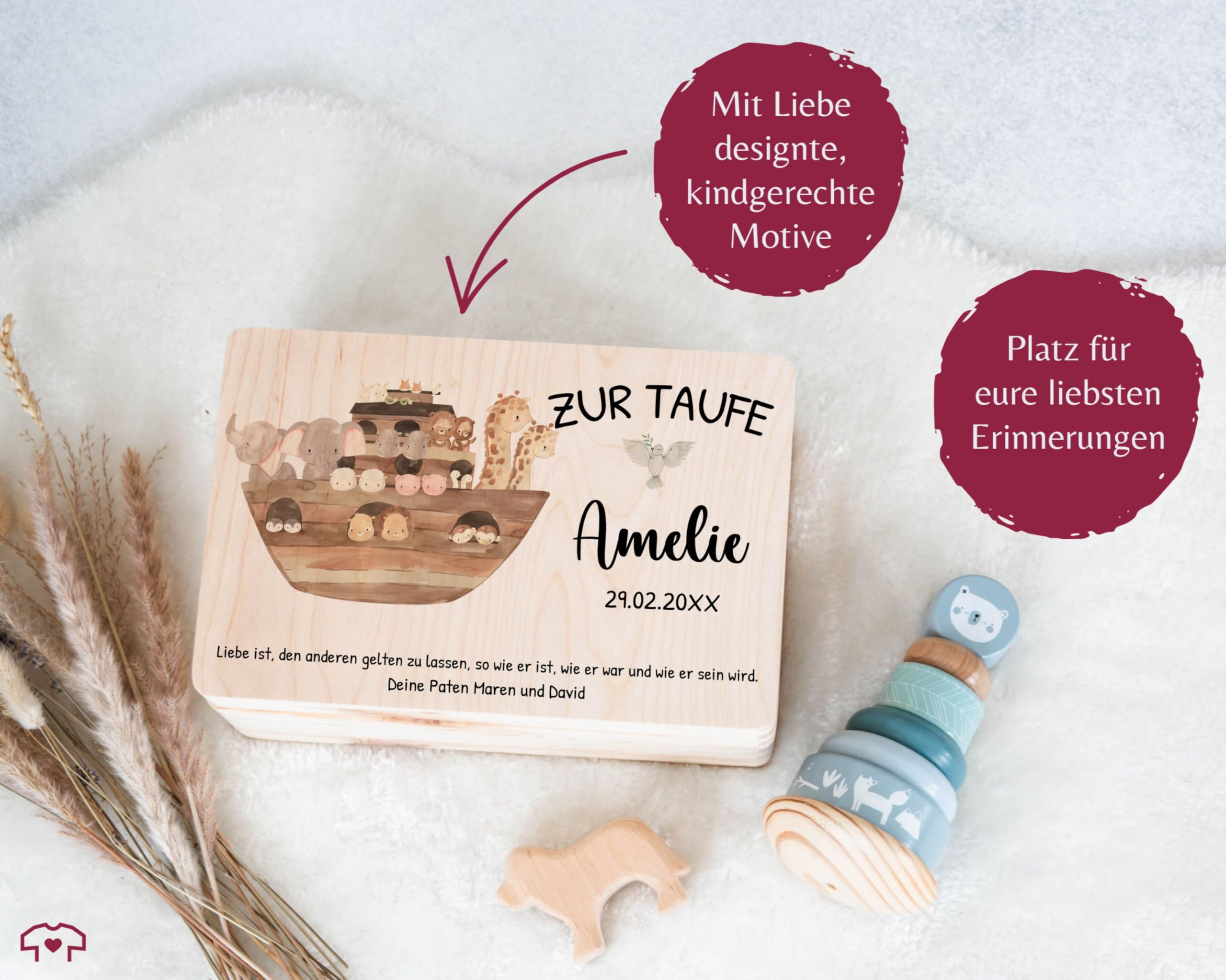 Holz Erinnerungsbox Baby Geschenkbox Baby - Erinnerungskiste zur Taufe mit Spruch Arche Noah | Taufgeschenk Holzkiste - 30 x 20 x 14 - Holz - kiste taufspruch erinnerungsboxen für babys