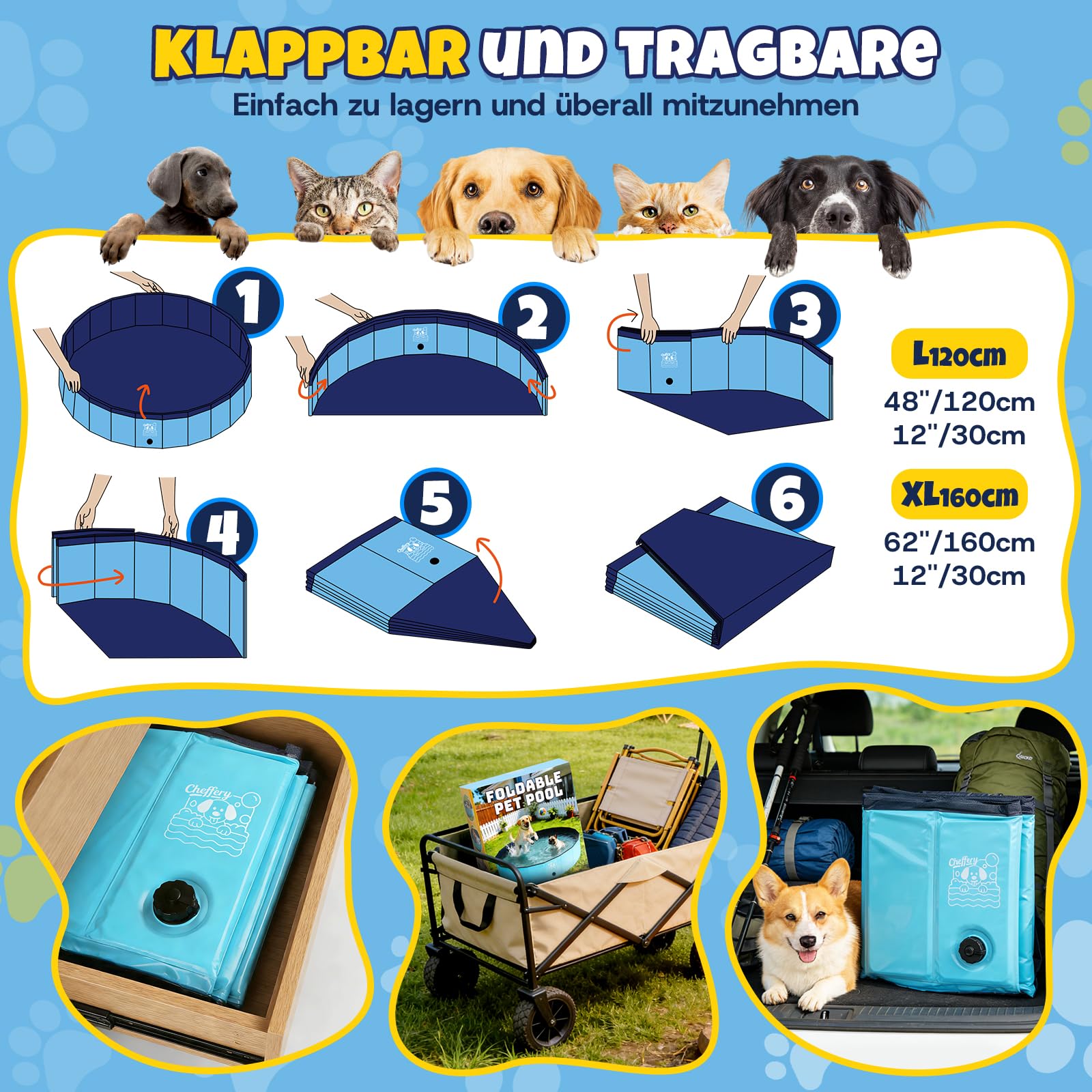 JONRRYIN Hundepool 160 x 30cm, Faltbare Hundeplanschbecken für Große & Kleine Hunde, rutschfeste und Verdickt Hunde Pool mit Badebürste, Flicken und Ablassventil für Katzen und Kinder