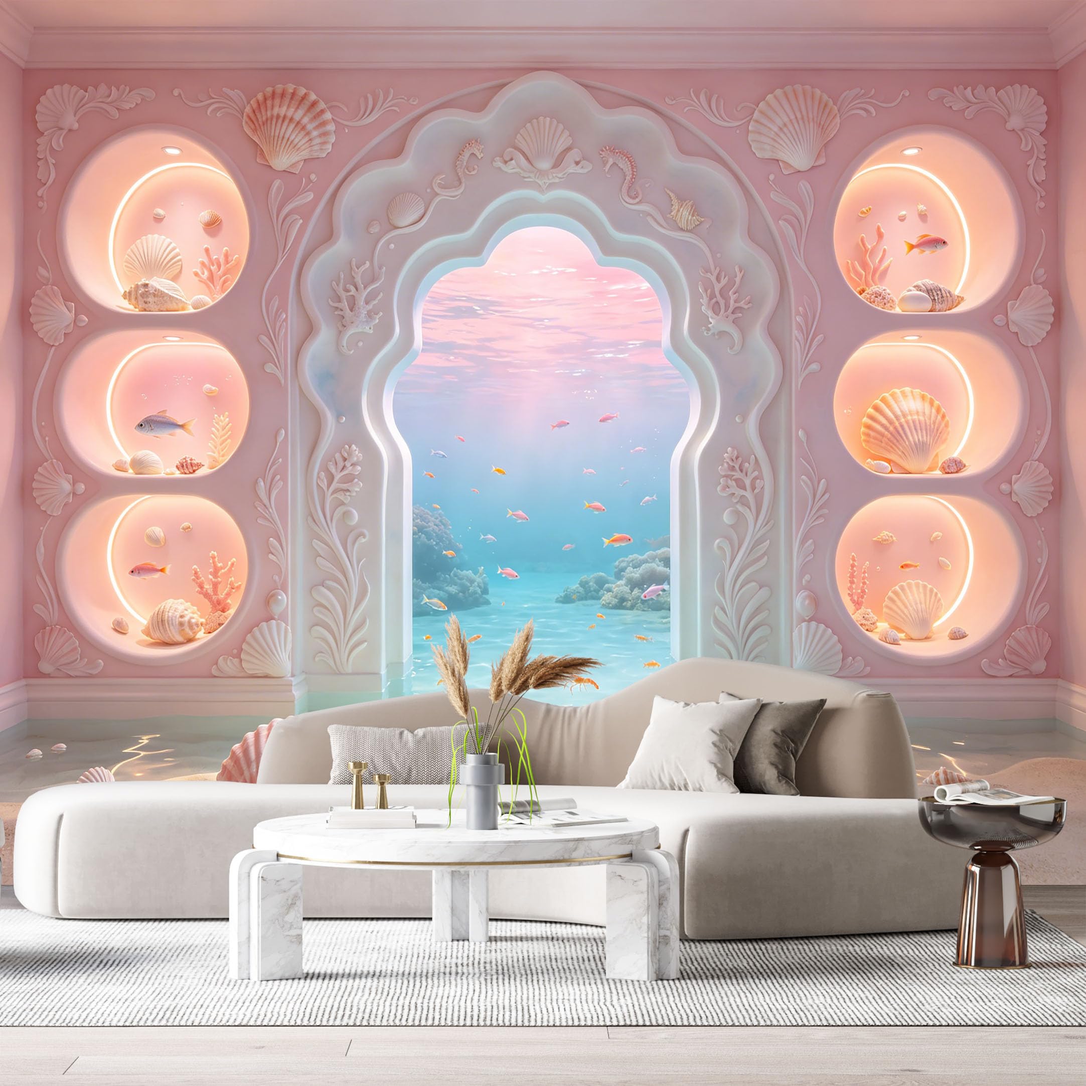 Custom Size Wall Murals Surreal Dreamlike Interior Underwater Ocean Coral Reef 3D Trompe L'Oeil SelfAdhesiveWall Fabric Removable Wallpaper Wall Decor for Living Room Bedroom Bathroom