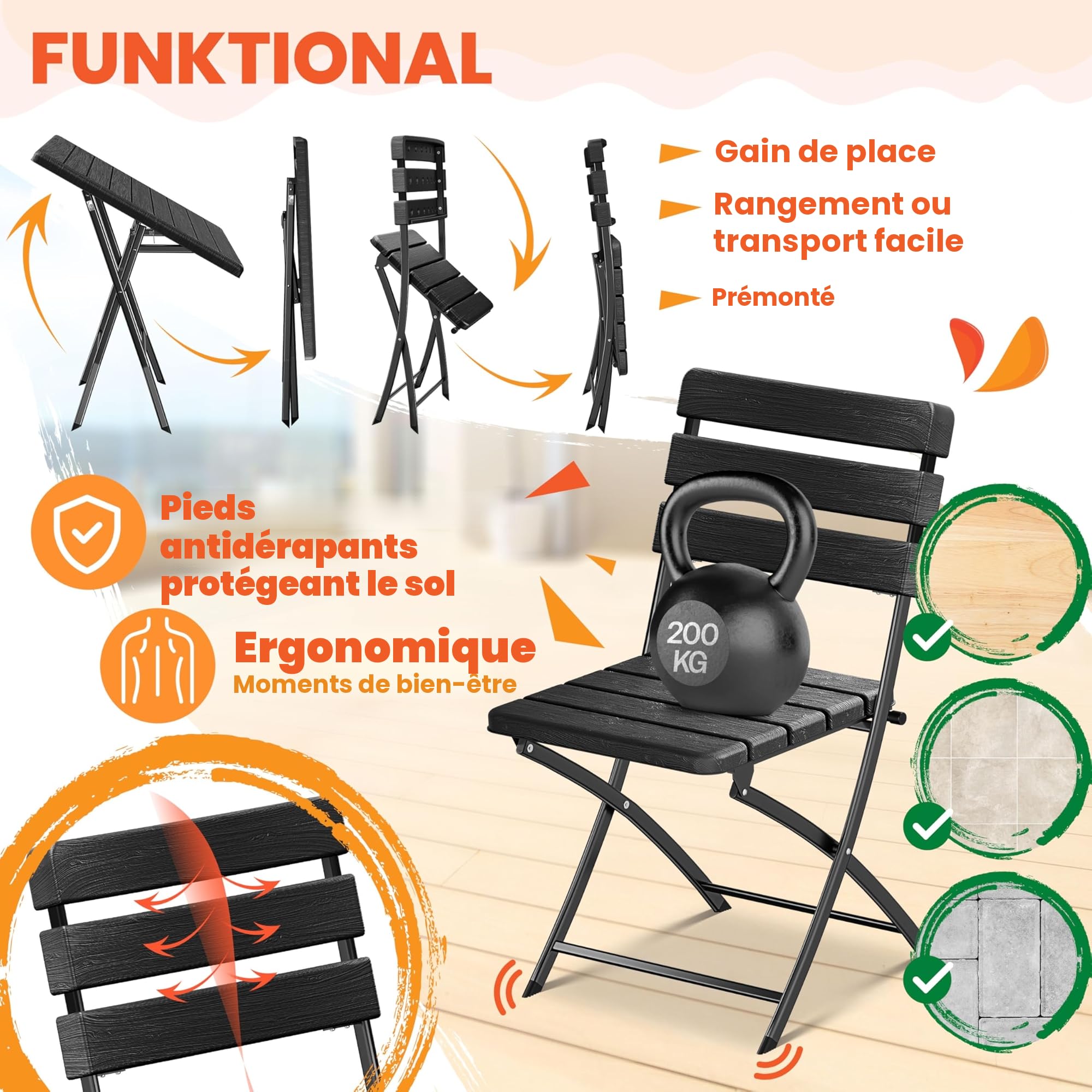 KESSER Ensemble de Bistrot 3 Pièces Pliable Acier Bois Balcon Résistant Intempéries UV