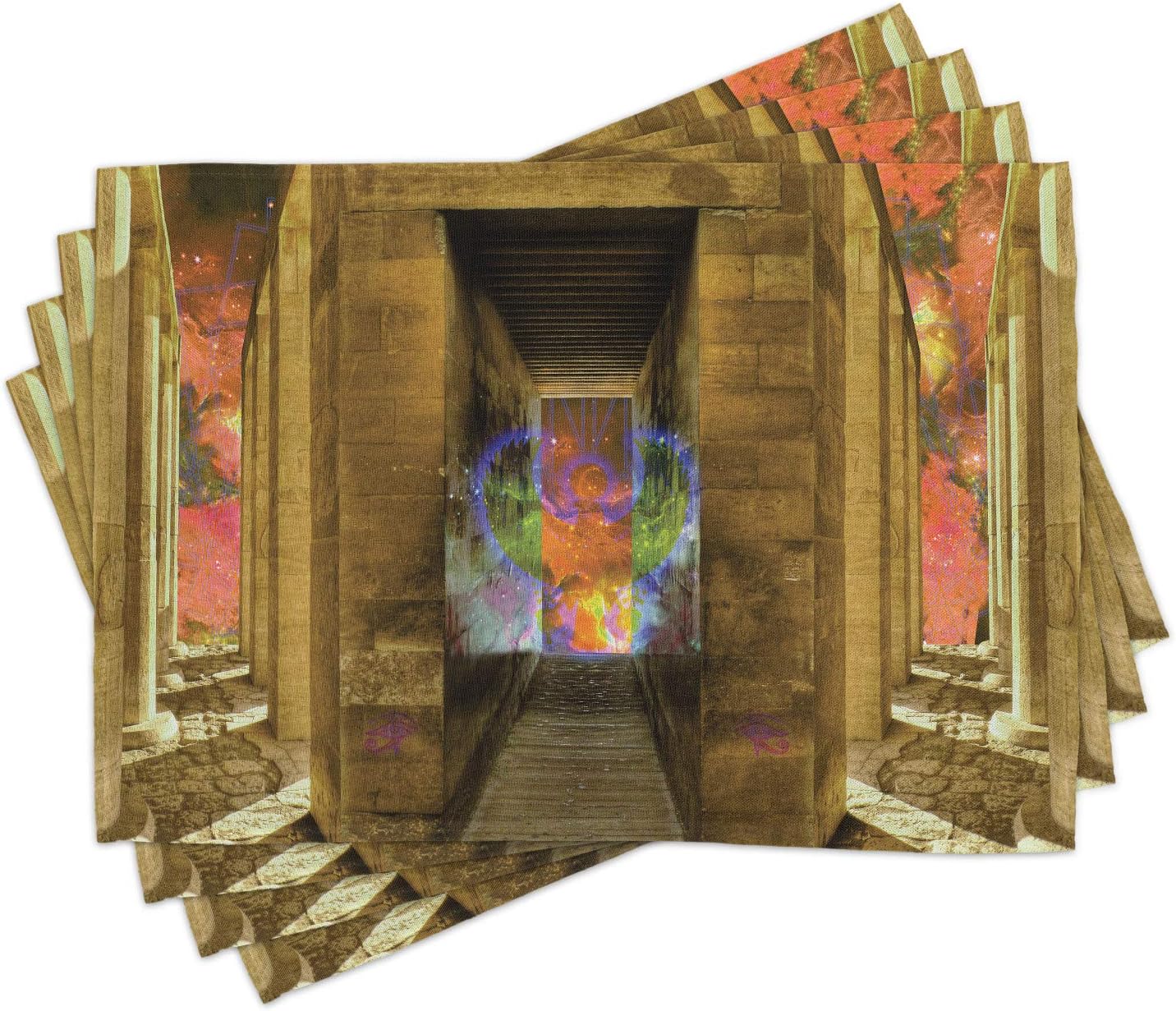 Ambesonne Egypt Place Mats Set of 4, Unusual Mystical Inside Rocky Walls and Stairs Culture Art Image, Washable Fabric Placemats for Dining Table, Tan Peach