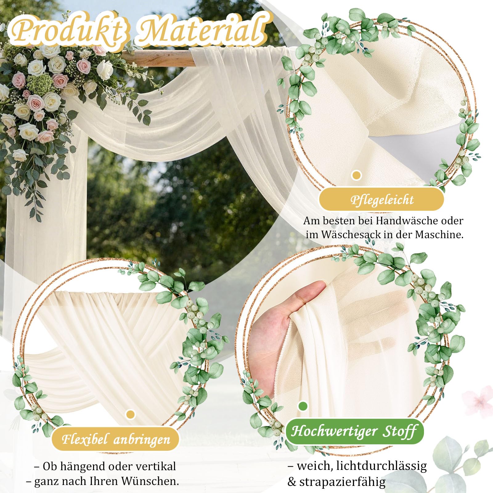 Lot de 3 rideaux d'arche de mariage beige - Décoration mains libres - 70 x 560 cm - En mousseline de soie - Pour mariage, photographie, fête, cérémonie, décoration de scène