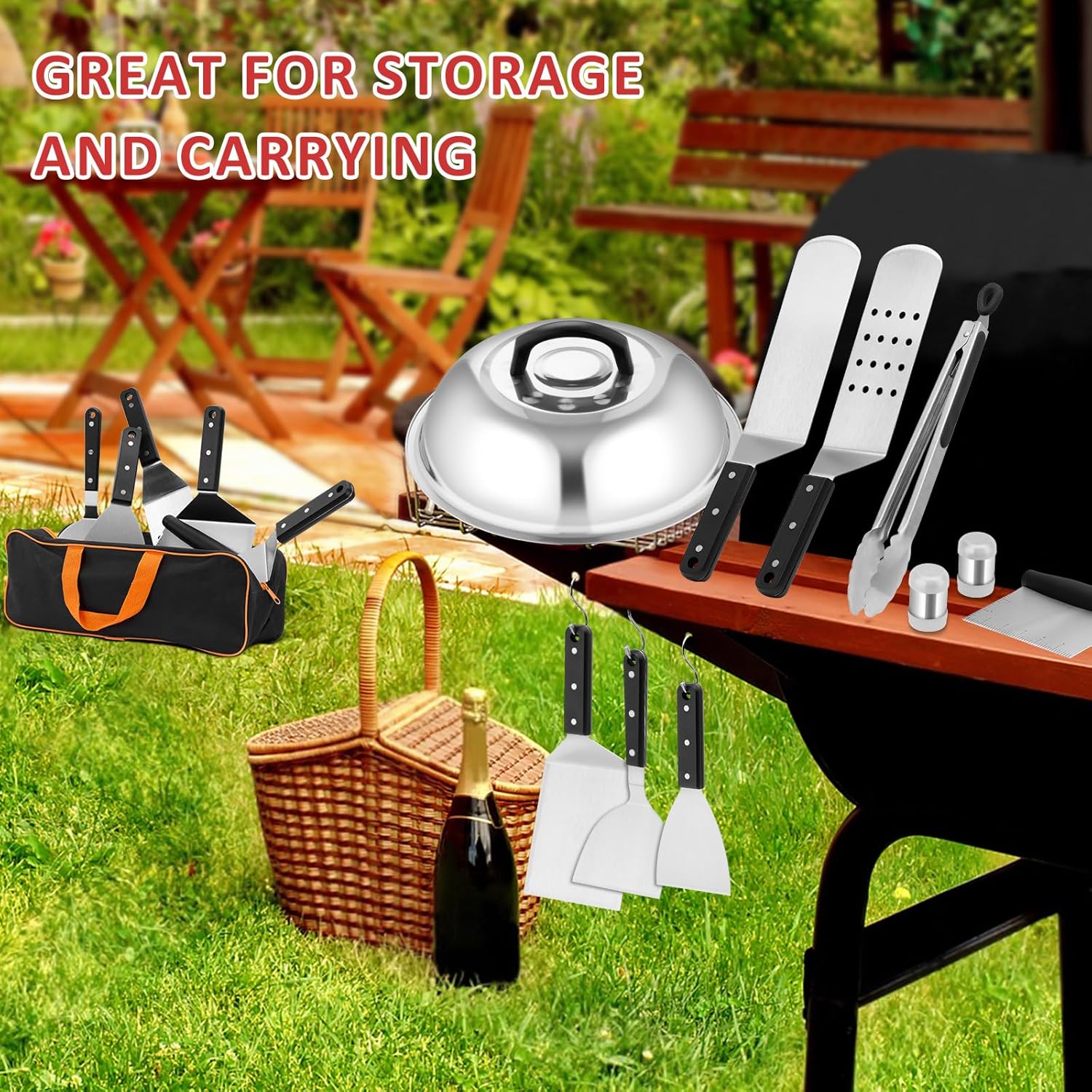 Griddle Accessories Set of 25, Leonyo Grill Accessories for Outdoor, Commercial BBQ Tools Grilling Smash Burger Press Kit with Enlarged Metal Spatulas Scraper for Flat Top Grill, Hibachi, ABS Handle