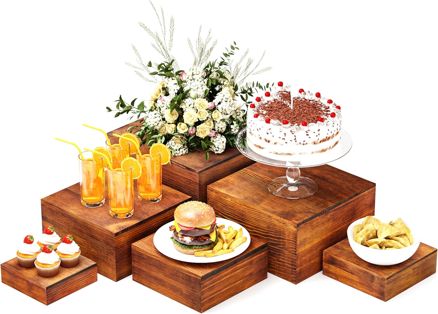 Wooden Display Risers,6PCS Jewelry and Accessories Risers for Jewelry Figurine 5in to 10in For Buffet Party Rustic Wood Cake & Cupcake Stands& Decor (Natural, 5IN to 10IN)