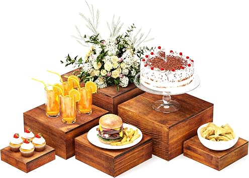 Wooden Display Risers,6PCS Jewelry and Accessories Risers for Jewelry Figurine 5in to 10in For Buffet Party Rustic Wood Cake & Cupcake Stands& Decor Walnut, 5IN to 10IN