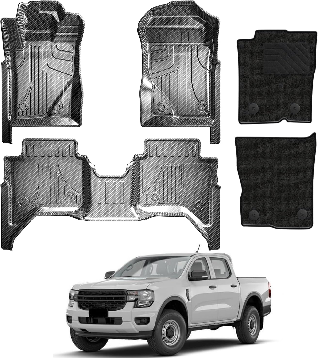 Floor Mats Fit for Ford Ranger Supercrew 2024-2025 | Carbon Fiber Pattern Floor Liners with Glossy Finish & 2 Black Carpets | 5-PC All Weather Anti-Slip Mats for Ford Ranger Supercrew 2024+ (+ Carpet)