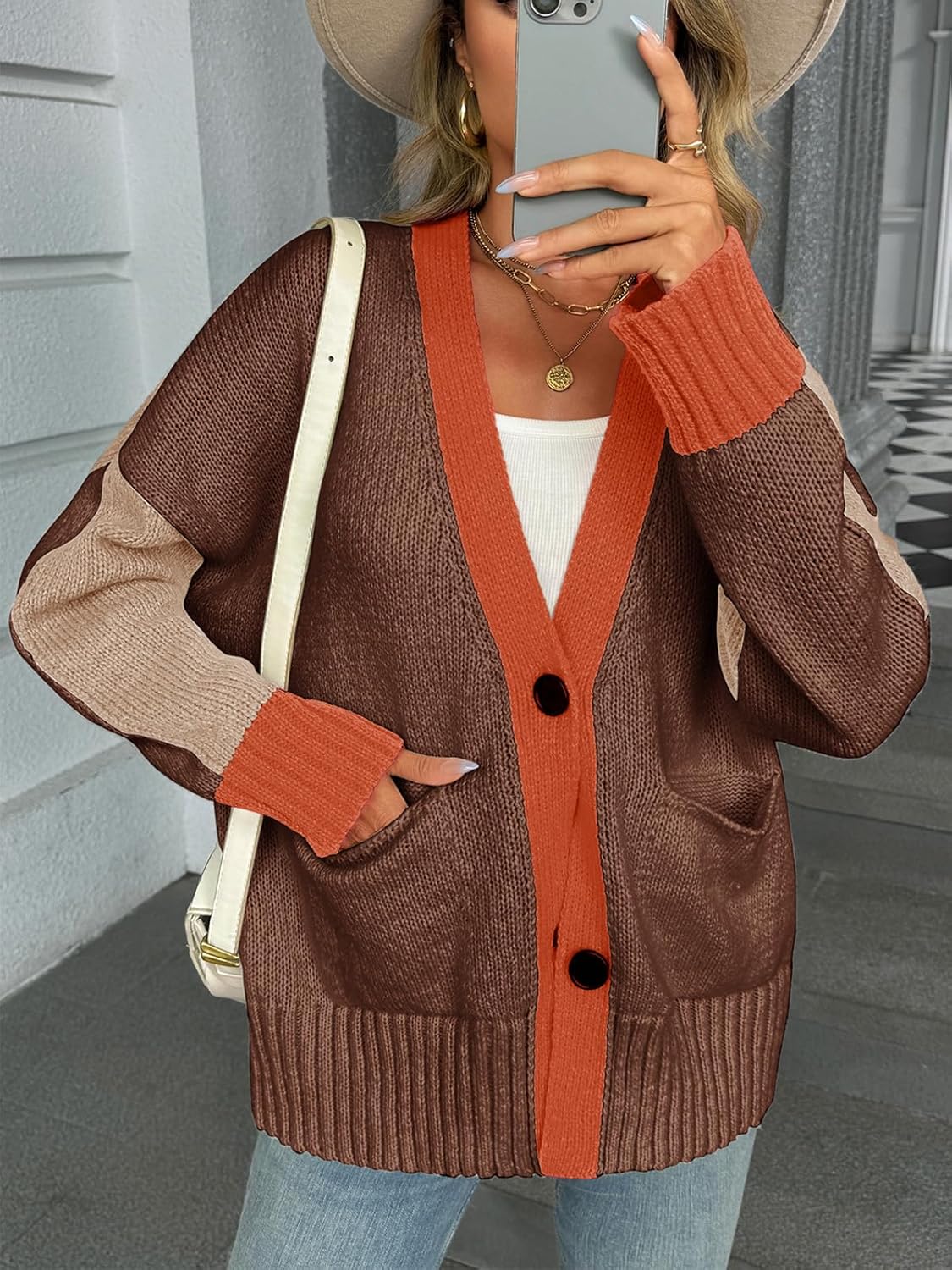 Saodimallsu Womens V Neck Cardigan Sweaters Color Block Button Oversized Long Sleeve Open Front Knit Sweater Coats - Image 4