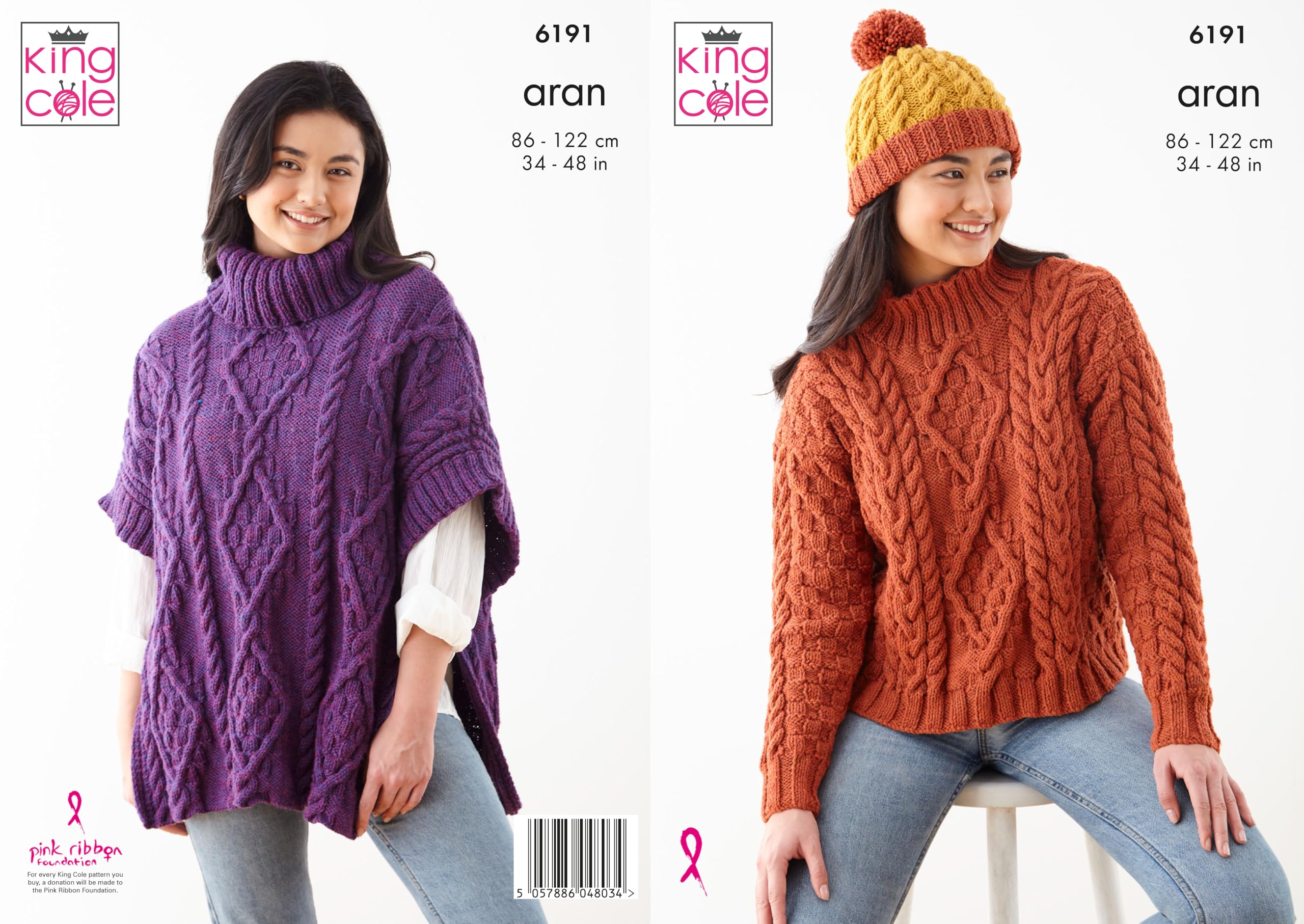 6191 Knitting Pattern Womens Aran Cable Detail Sweater Hat & Cape King Cole