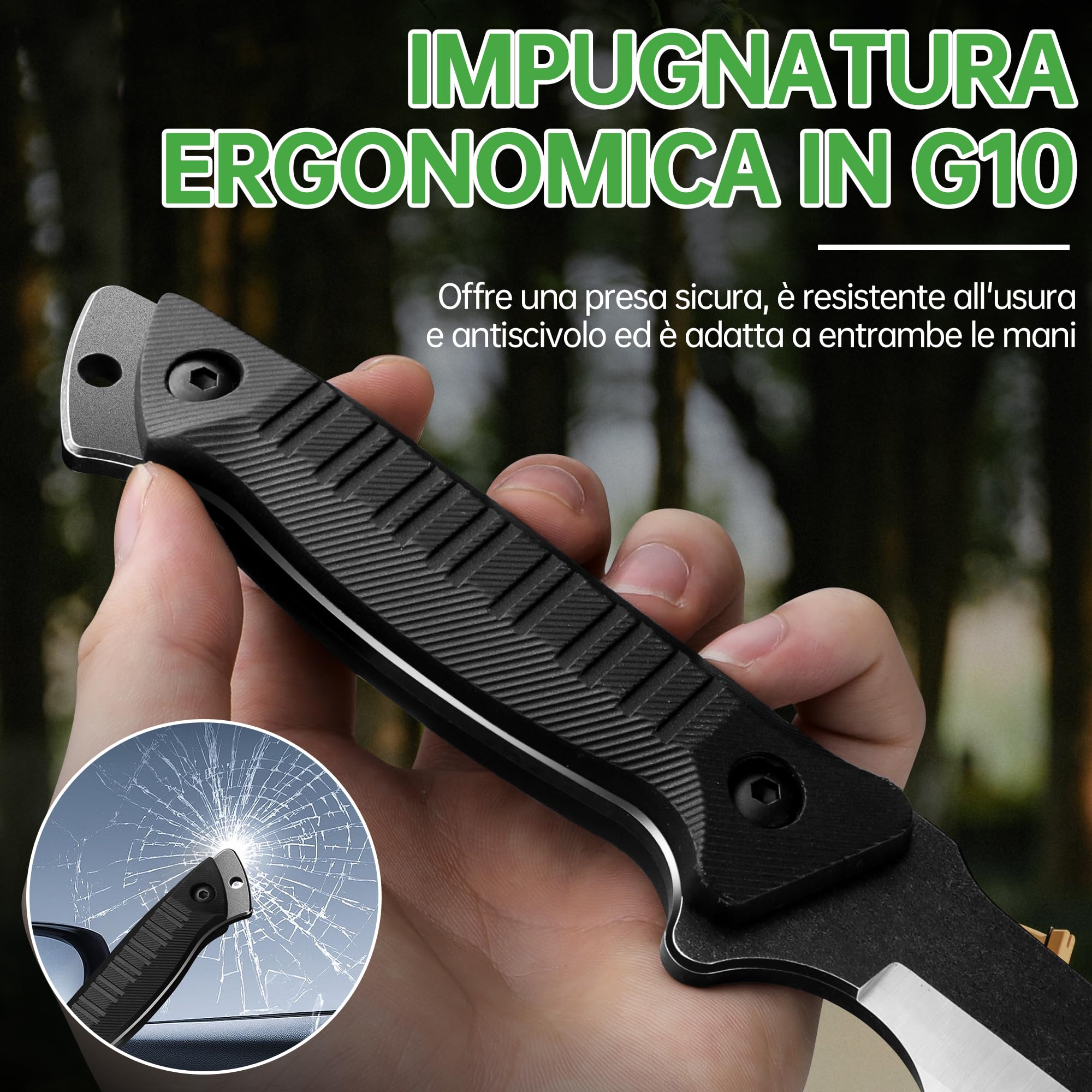 Coltello da Sopravvivenza A Lama Dritta per Esterni: Coltello da Caccia A Codolo Intero in 440c, Impugnatura in G10, Con Fodero in Kydex, Adatto per Campeggio, Escursionismo, Pesca O Come Regalo.