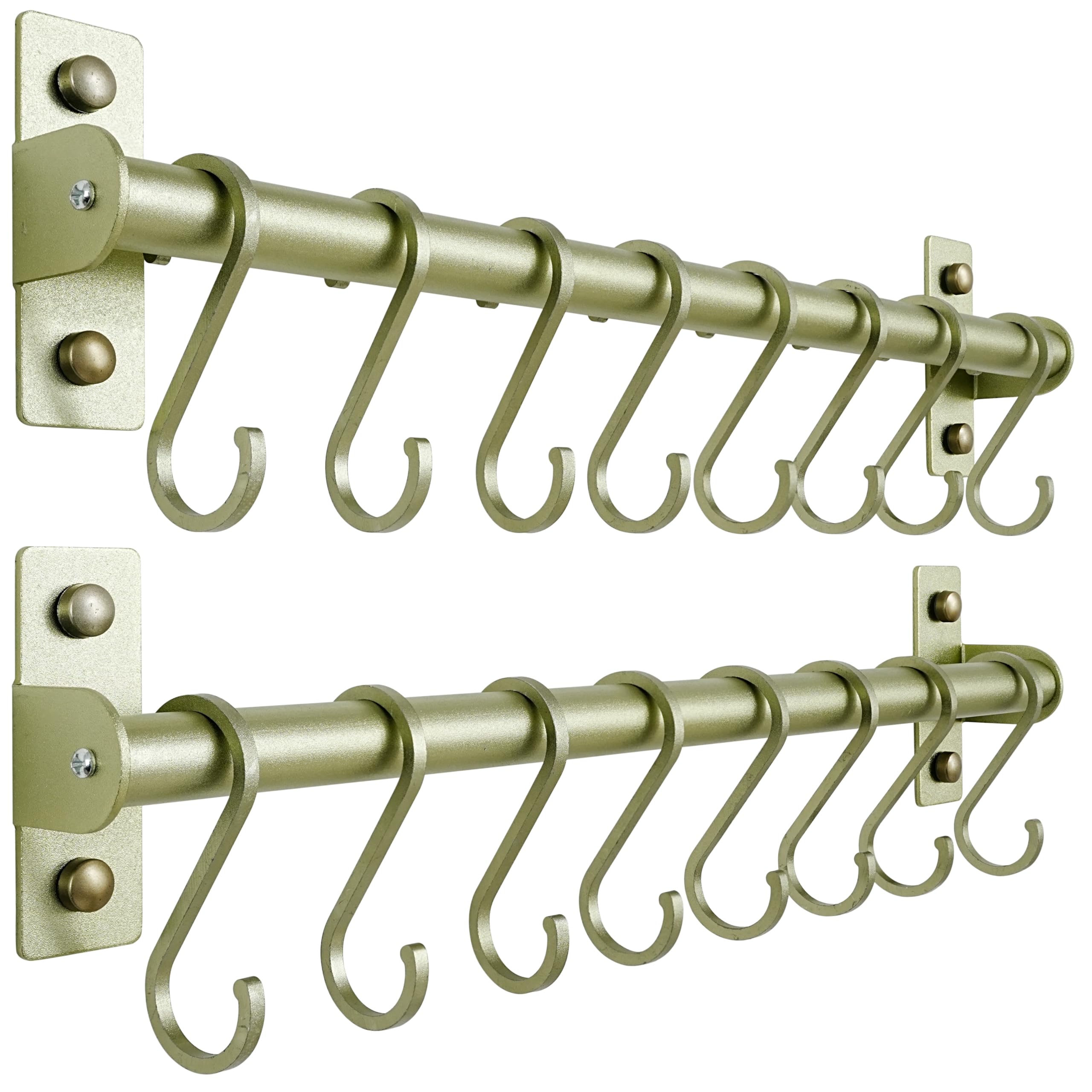 Dseap Kitchen Utensil Holder Hanger, Pot and Pan Rack wall Mounted, Kitchen Rail with 8 Hooks for Hanging Cooking Utensils, Mugs, Spoons, Wall Mounted, Champagne Color, Pack of 2