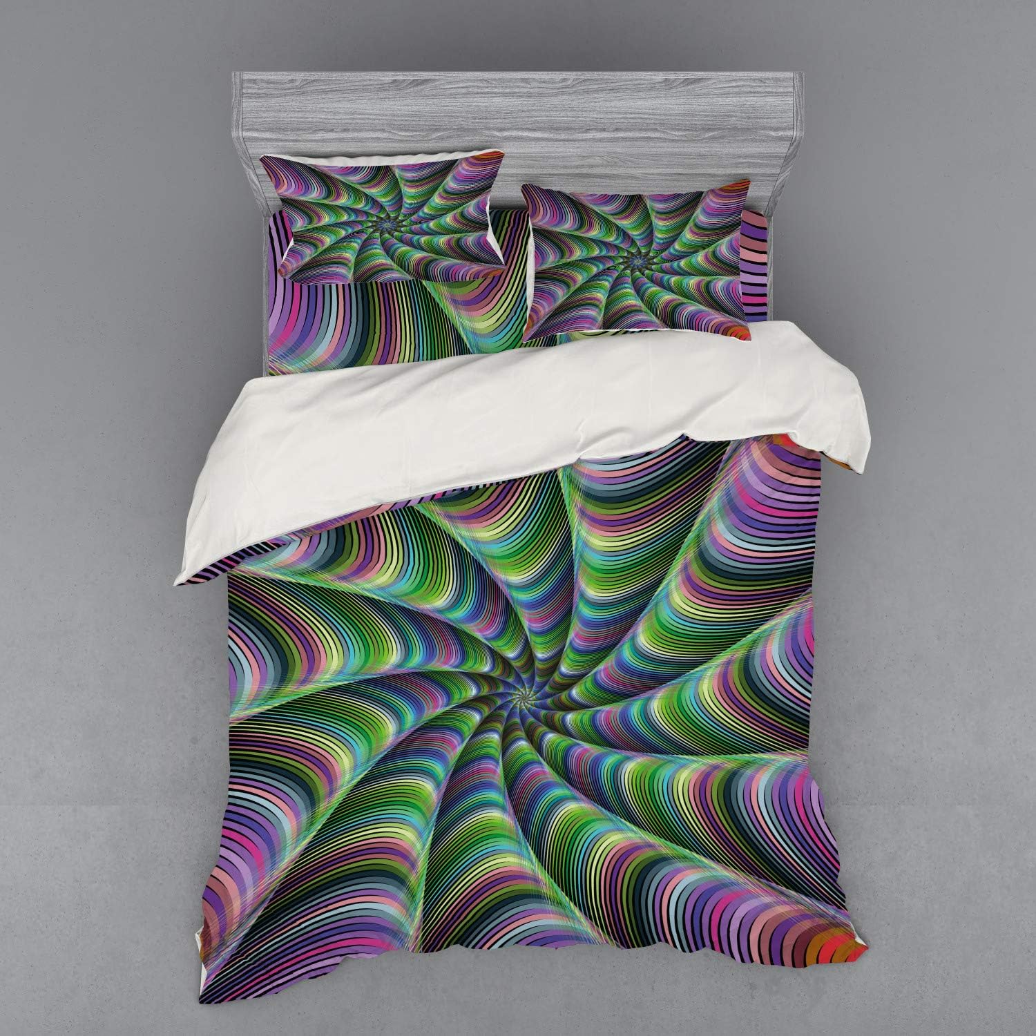 Ambesonne Fractal Duvet Cover Set, Psychedelic Tentacles Converging into Flower Form Infinity Spinning Focus Design, 4 Piece Bedding Set with Shams and Fitted Sheet, Queen Size, Green Purple