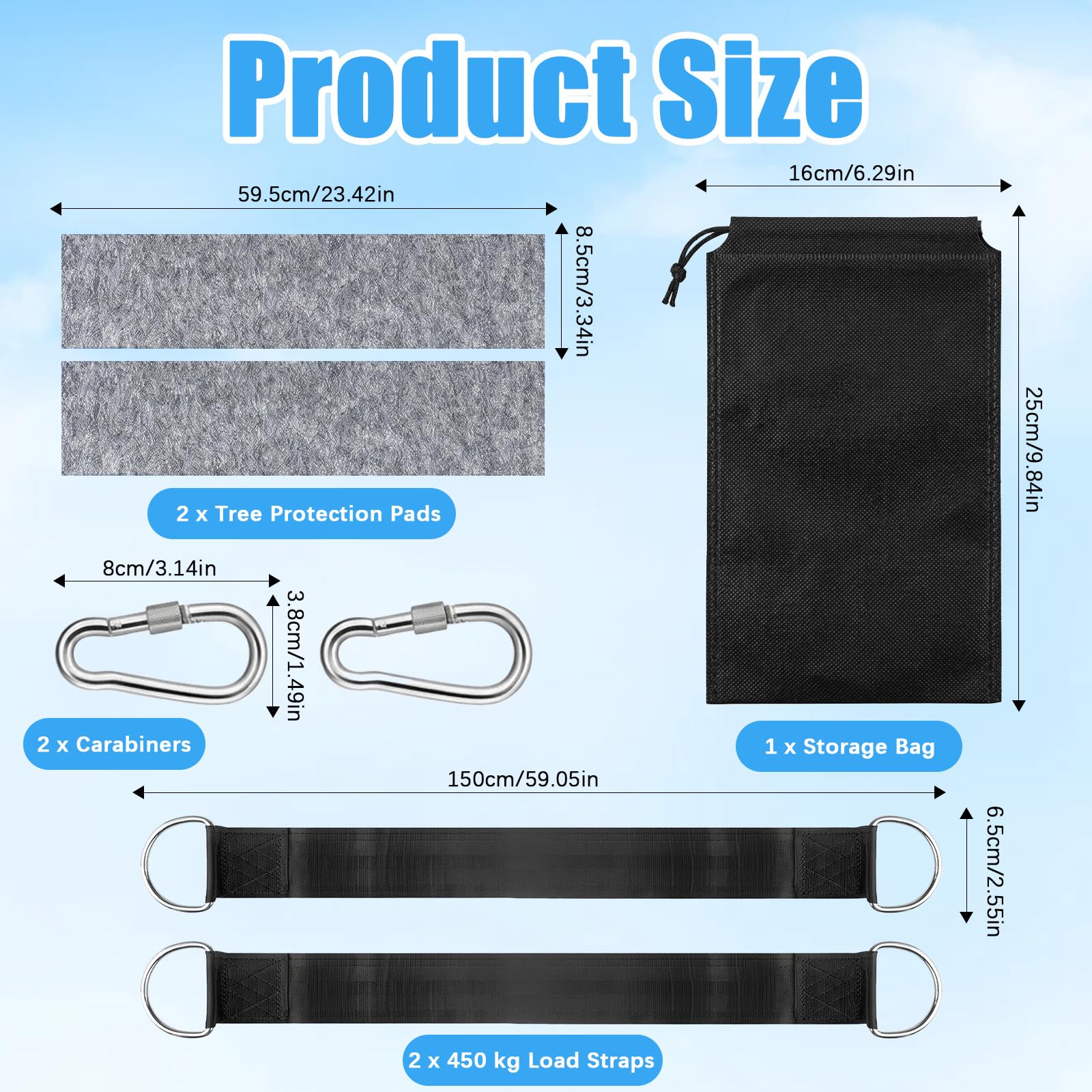 900 kg Correas Hamaca Kit Columpio, Fijación Suspensión 2 x 150 cm con Mosquetones, Anillos en D, Protectores de Árbol y Bolsa para Jardín, Camping, Uso Exterior