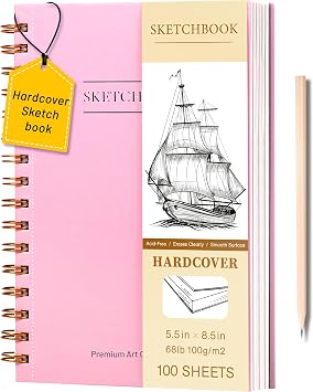 Yoment 5.5" x 8.5" Sketch Book Small Sketchbook for Drawing 100 Sheets Hardcover Spiral Sketch Pad for Kids68lb/100gsm Art Sketchbook Drawing Blank Paper Book for Beginner Artist with Pencil Pink