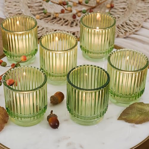 Vintage Green Fluted Glass Tealight Votive Candle Holders by Kate Aspen (Set of 6), Fall Decorations, Boho Deco, Shelf Decoration | Perfect Hostess Gift or Home Decor