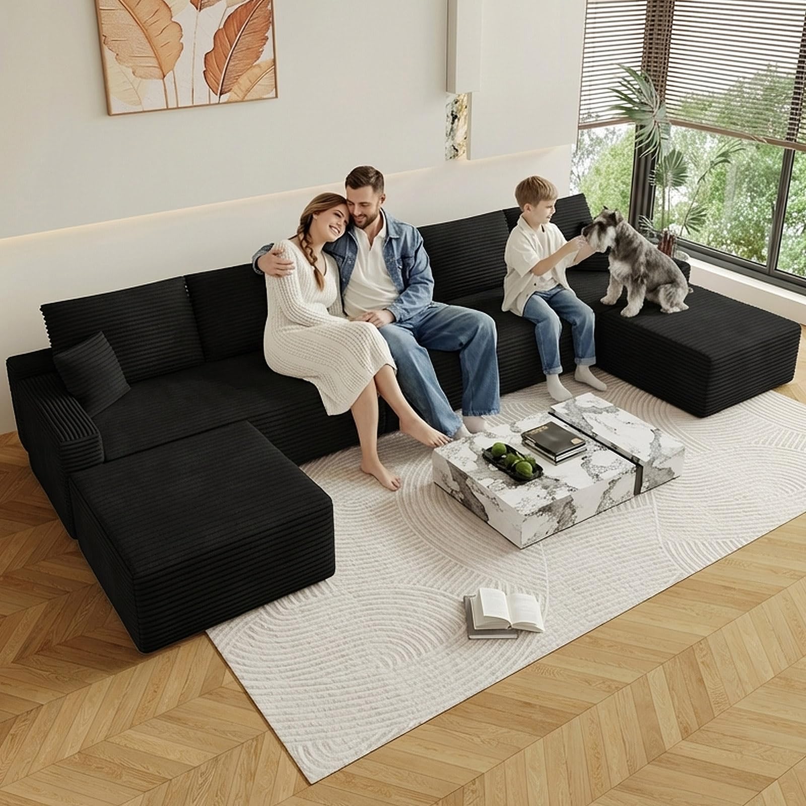 Oversized Modular Sectional Sofa Couch, Large 7 Seater Corner Sofa Modern U Shaped Sectional Couch with Ottoman Cloud Couches for Living Room, Office, Spacious Space, Corduroy, No Assembly, Black