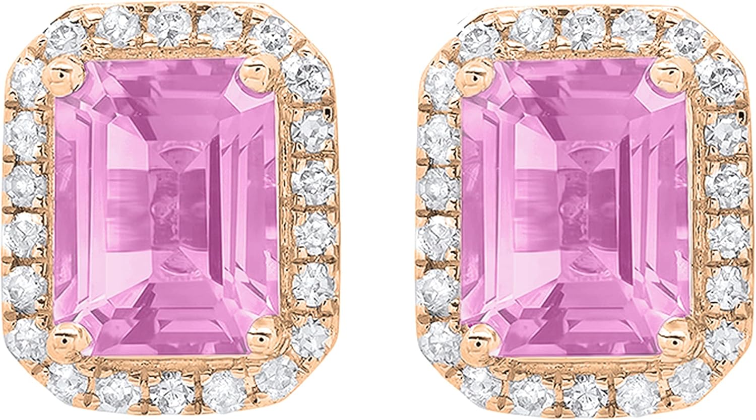 Dazzlingrock Collection 7X5mm Each Emerald Shape Lab Created Gemstone and Round Natural Diamond Women Stud Earrings, 14K Real Solid Gold