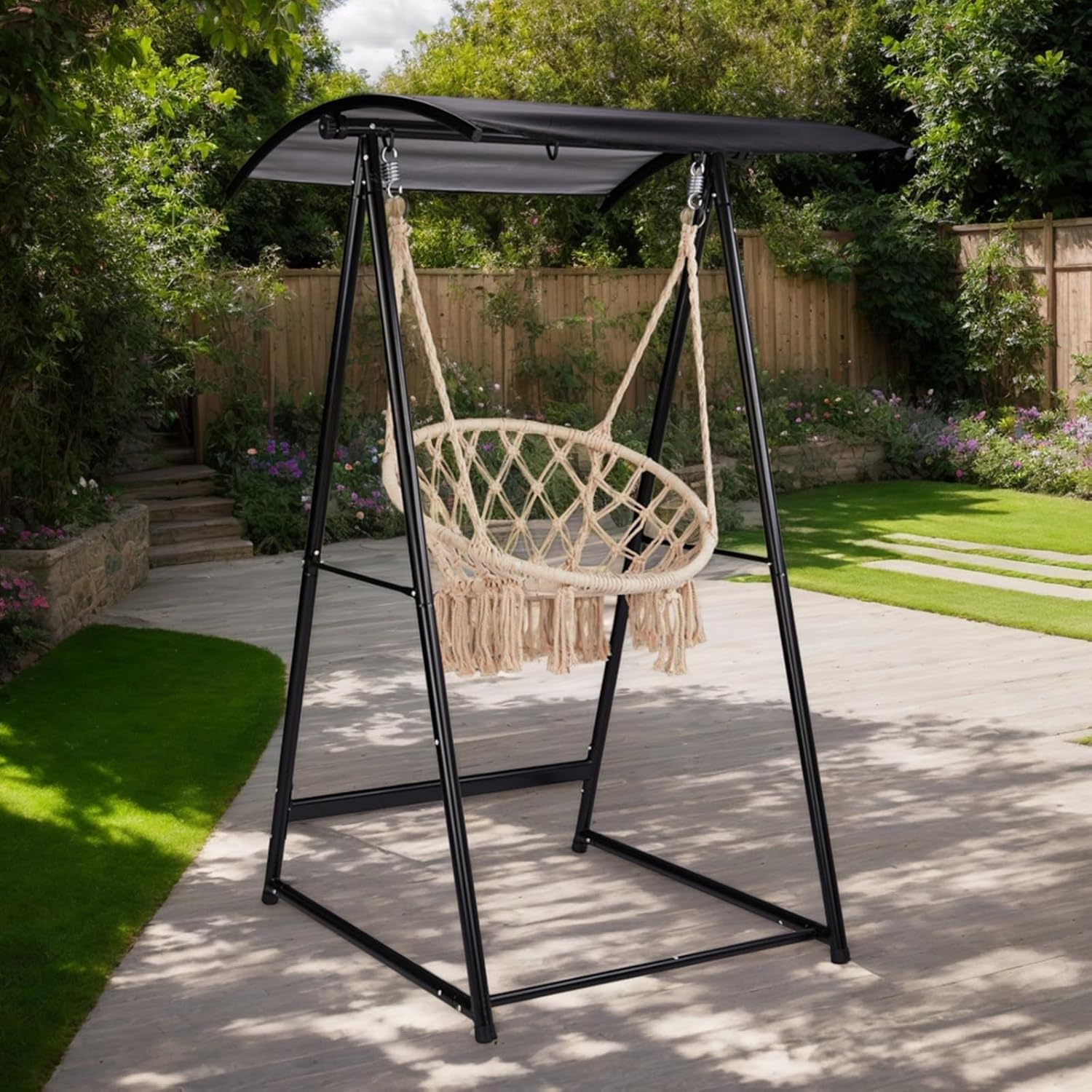 Outvita Outdoor Hammock Chair Stand, Heavy Duty A-Frame Metal Swing Stand with Powder-Coated Finish and Shade Canopy for Yard, Porch, Paito, Inside Room