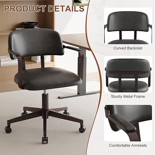 Miniatura 3 de BFZ Silla de escritorio retro de mediados de siglo para oficina en casa con respaldo, piel sintética, altura ajustable, giratoria, reposabrazos para