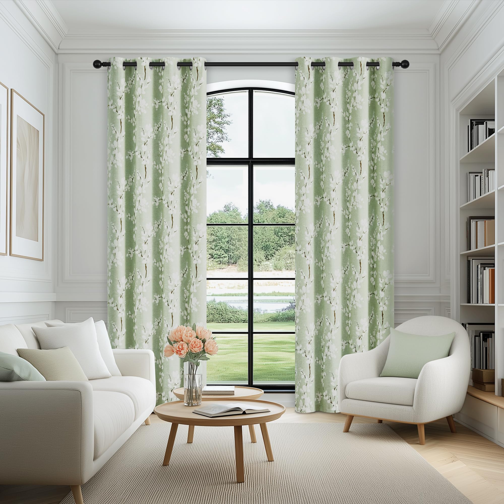 FMFUNCTEX Lot de 2 Rideaux 100% occultants à Motif Floral pour Chambre à Coucher, Vert Sauge, 213,4 cm de Long, pour Salon, Rideaux à Isolation Thermique avec œillets de Style Ferme, Blanc sur Vert