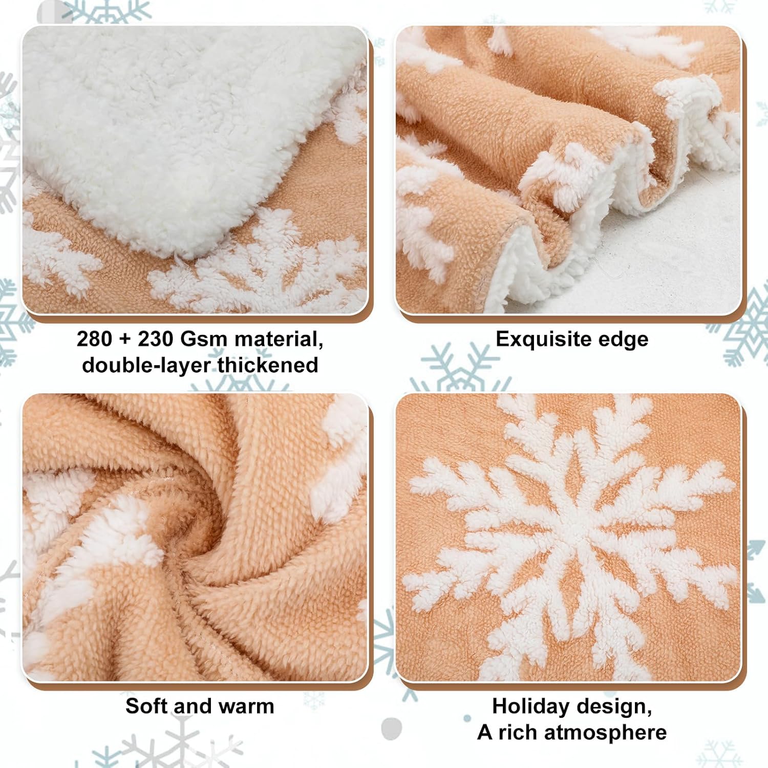 Boao Winter Throw Blanket 50" x 60" Khaki Snowflake Sherpa Fleece Flannel Plush Microfiber Large Soft Reversible Blanket for Winter Bed Sofa Car Holiday - Image 3