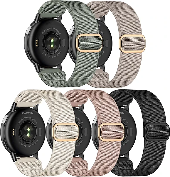 Kollody 5 Pack Stretchy Nylon Watch Bands Compatible with Garmin Vivoactive 5/6/Forerunner 55/165,20mm Soft Elastic Fabric Adjustable Replacement Sport Straps for Garmin Venu Sq 2 Women Men