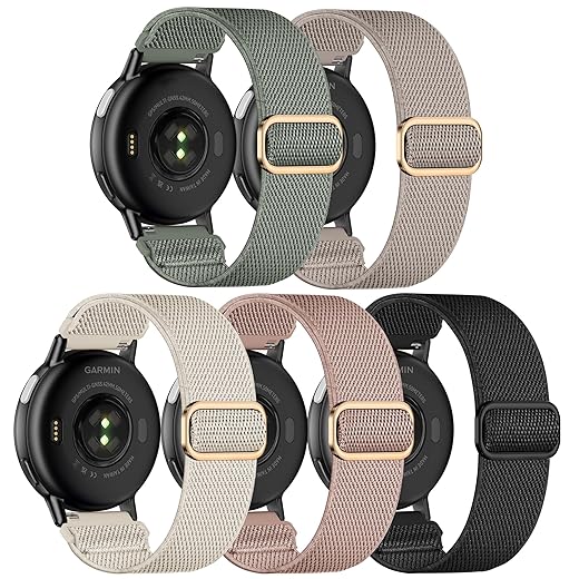5 Pack Stretchy Nylon Watch Bands Compatible with Garmin Vivoactive 5/6/Forerunner 55/165,20mm Soft Elastic Fabric Adjustable Replacement Sport Straps for Garmin Venu Sq 2 Women Men