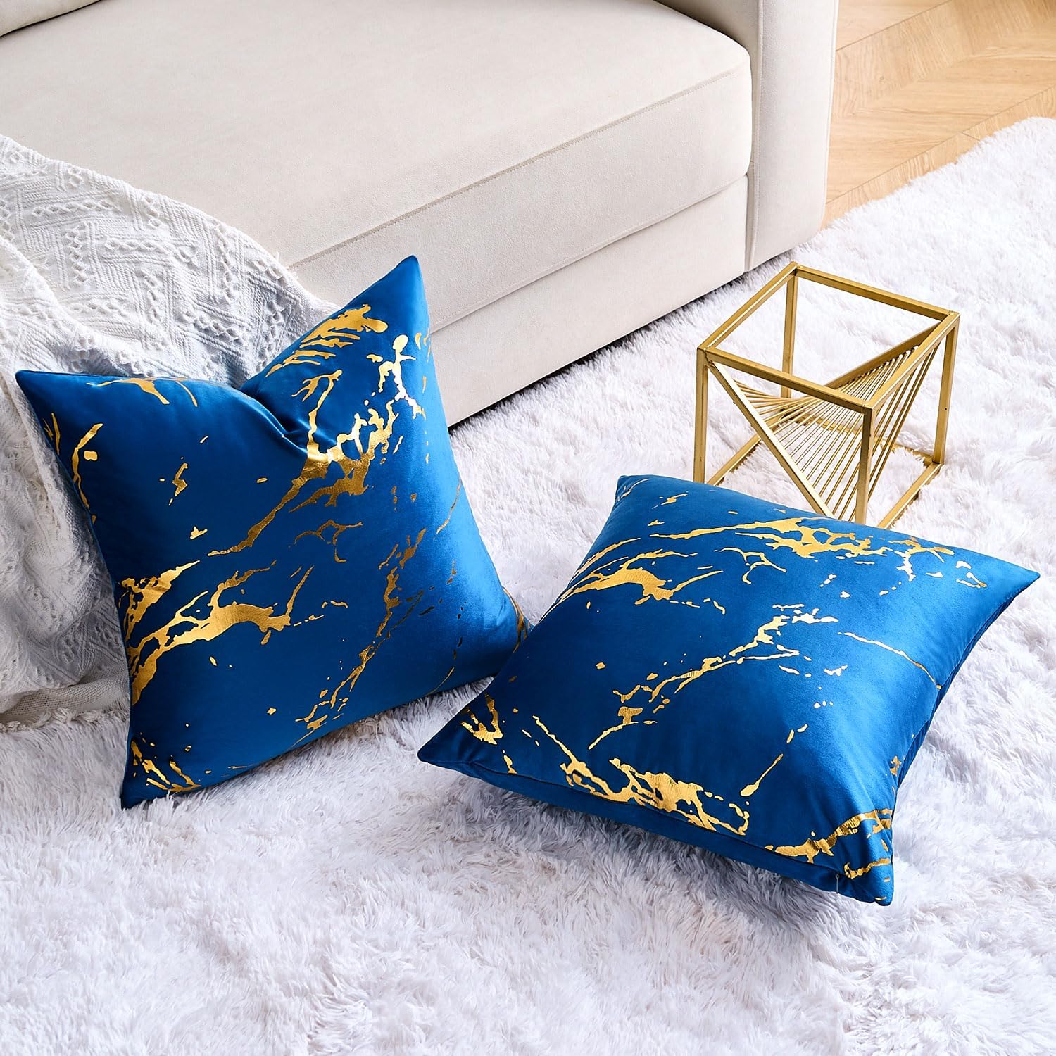 Velvet Navy Blue Throw Pillow Covers 18 x 18 Set of 2 Gold Marble Decorative Pillow Cases Modern Luxury Bronzing Printed Soft Square Couch Pillowcases for Sofa Living Room Bedroom - Image 7