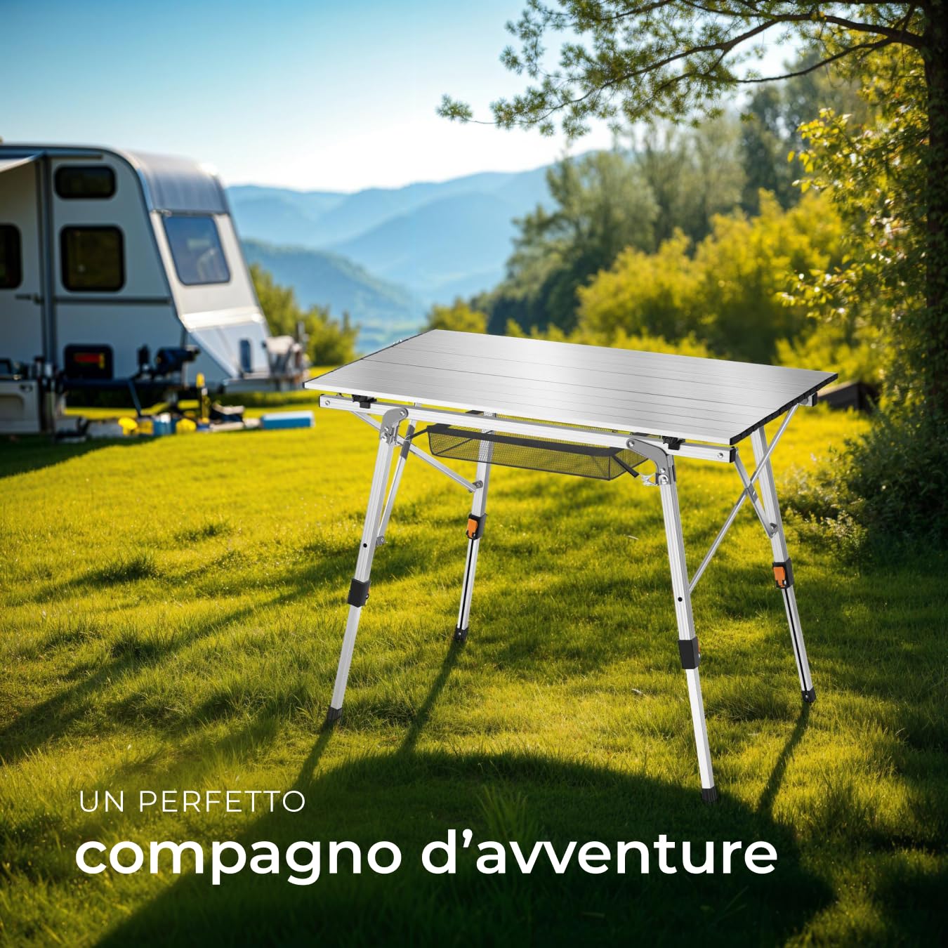 tectake® Tavolo da Campeggio in Alluminio Pieghevole Tina, Regolabile in Altezza, Cappucci in Plastica Antigraffio, Tavolo, Alluminio, Tavolo da Esterno, Campeggio - Argento